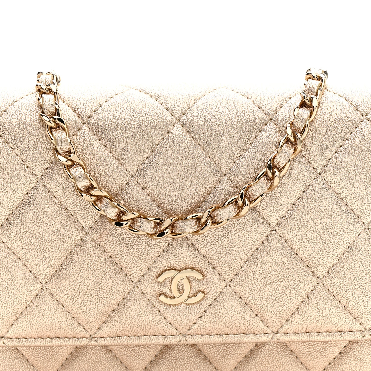 Metallic Lambskin Quilted Mini Wallet On Chain WOC Gold - Image 9