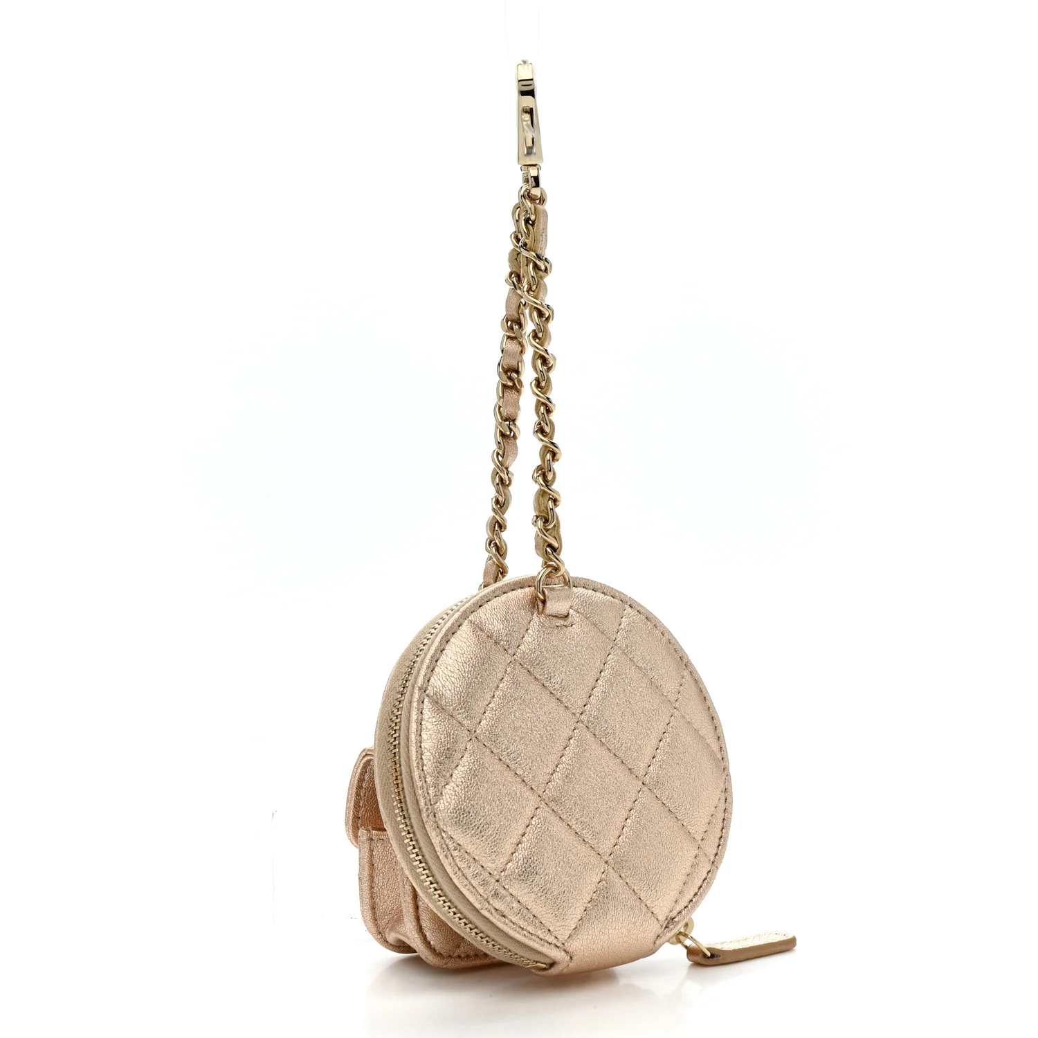 Metallic Lambskin Quilted Round Clip On Coin Purse Airpods Case Gold - Image 3