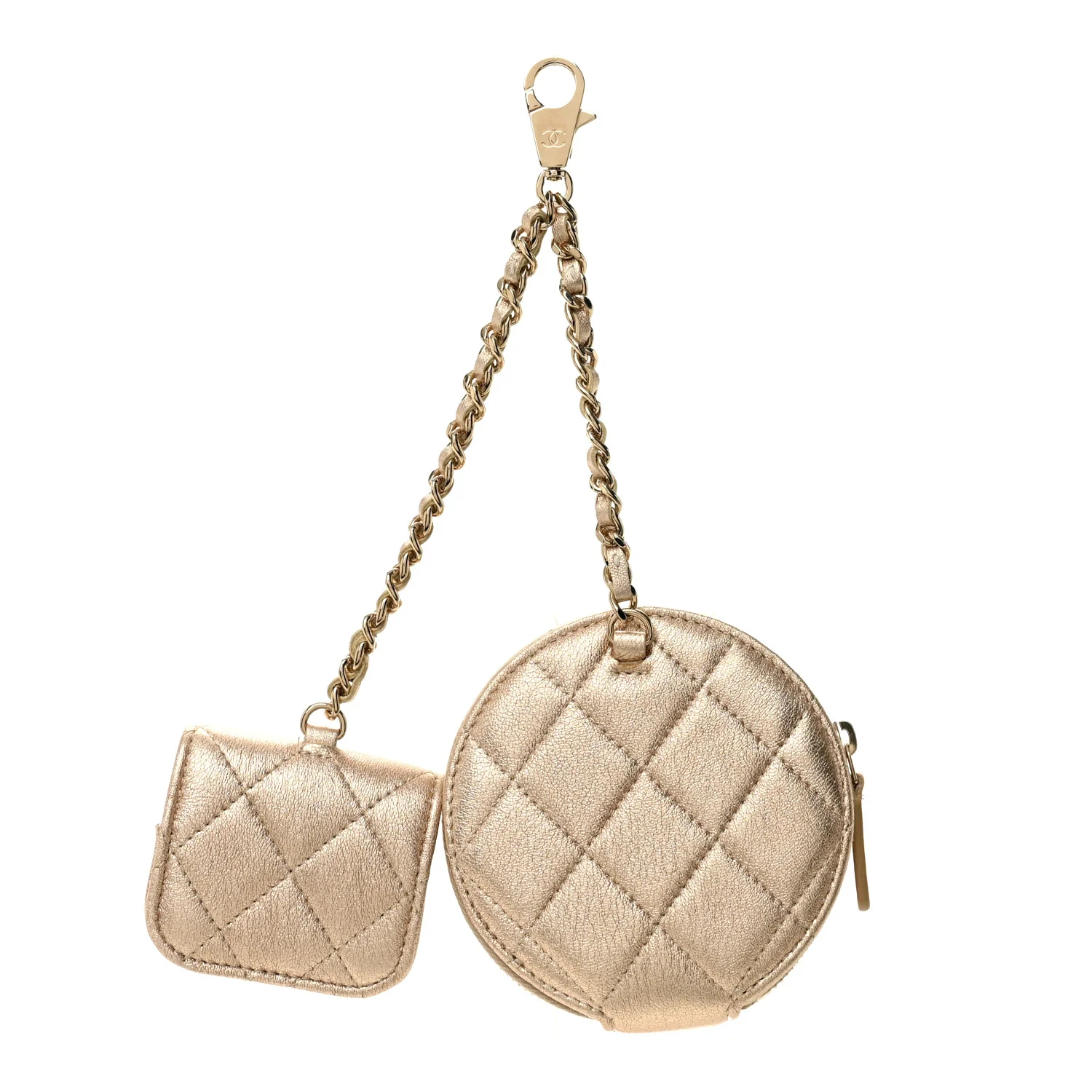 Metallic Lambskin Quilted Round Clip On Coin Purse Airpods Case Gold - Image 3