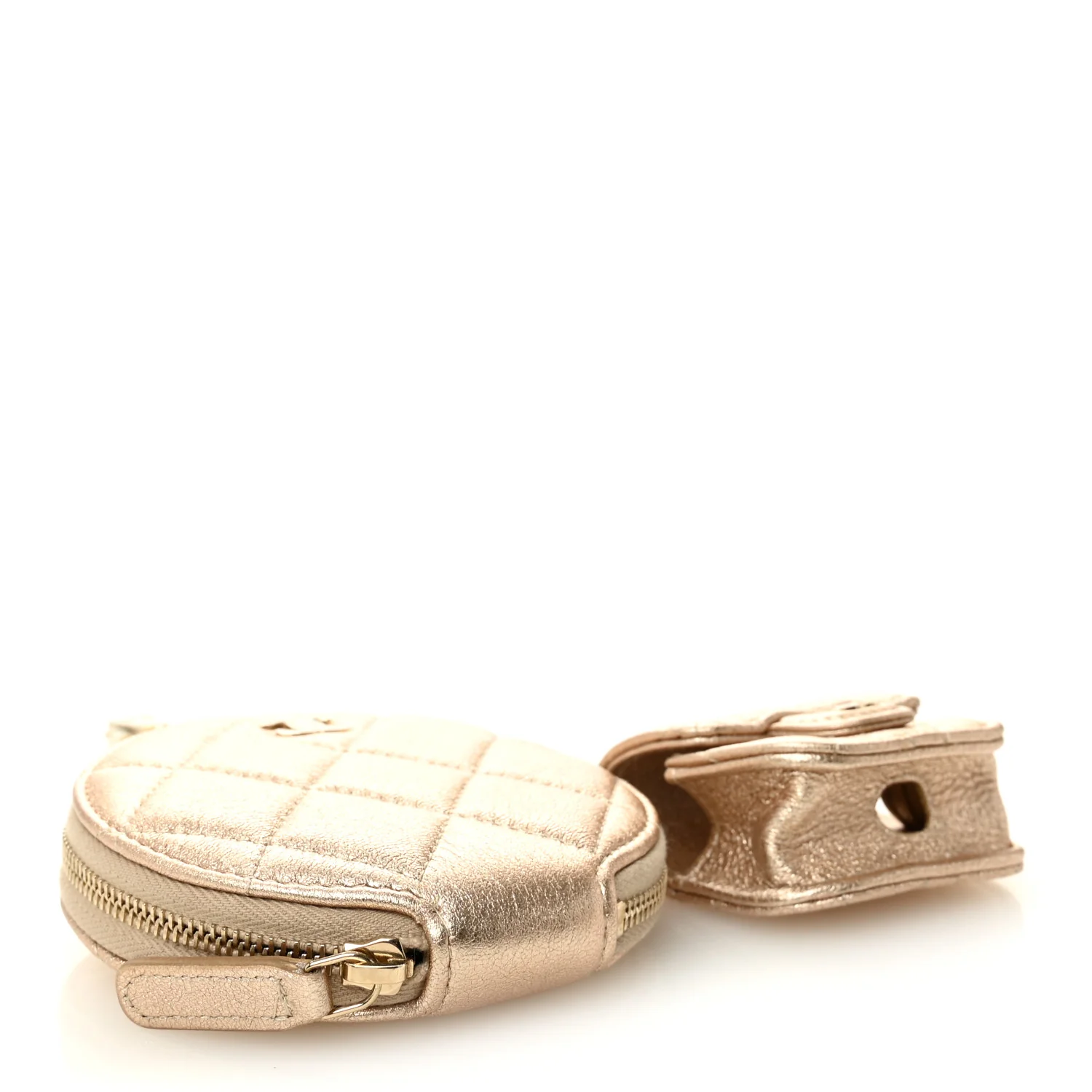 Metallic Lambskin Quilted Round Clip On Coin Purse Airpods Case Gold - Image 4