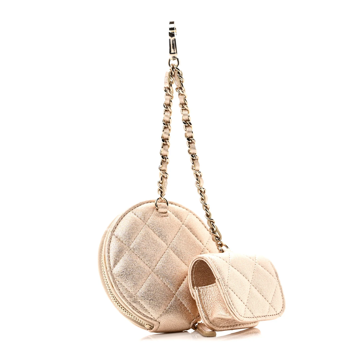 Metallic Lambskin Quilted Round Clip On Coin Purse Airpods Case Gold - Image 2