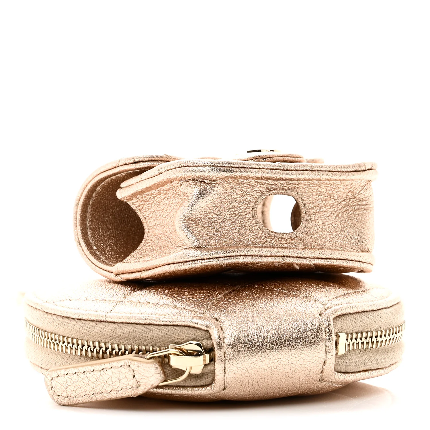 Metallic Lambskin Quilted Round Clip On Coin Purse Airpods Case Gold - Image 3
