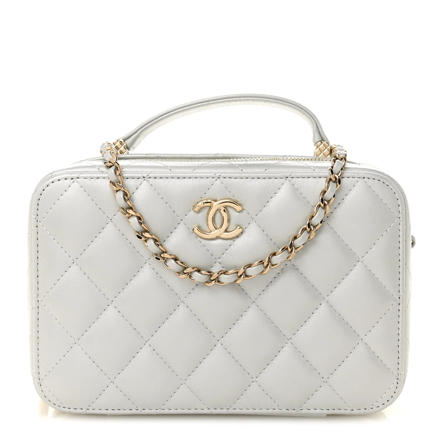 Metallic Lambskin Quilted Top Handle Vanity Case Silver