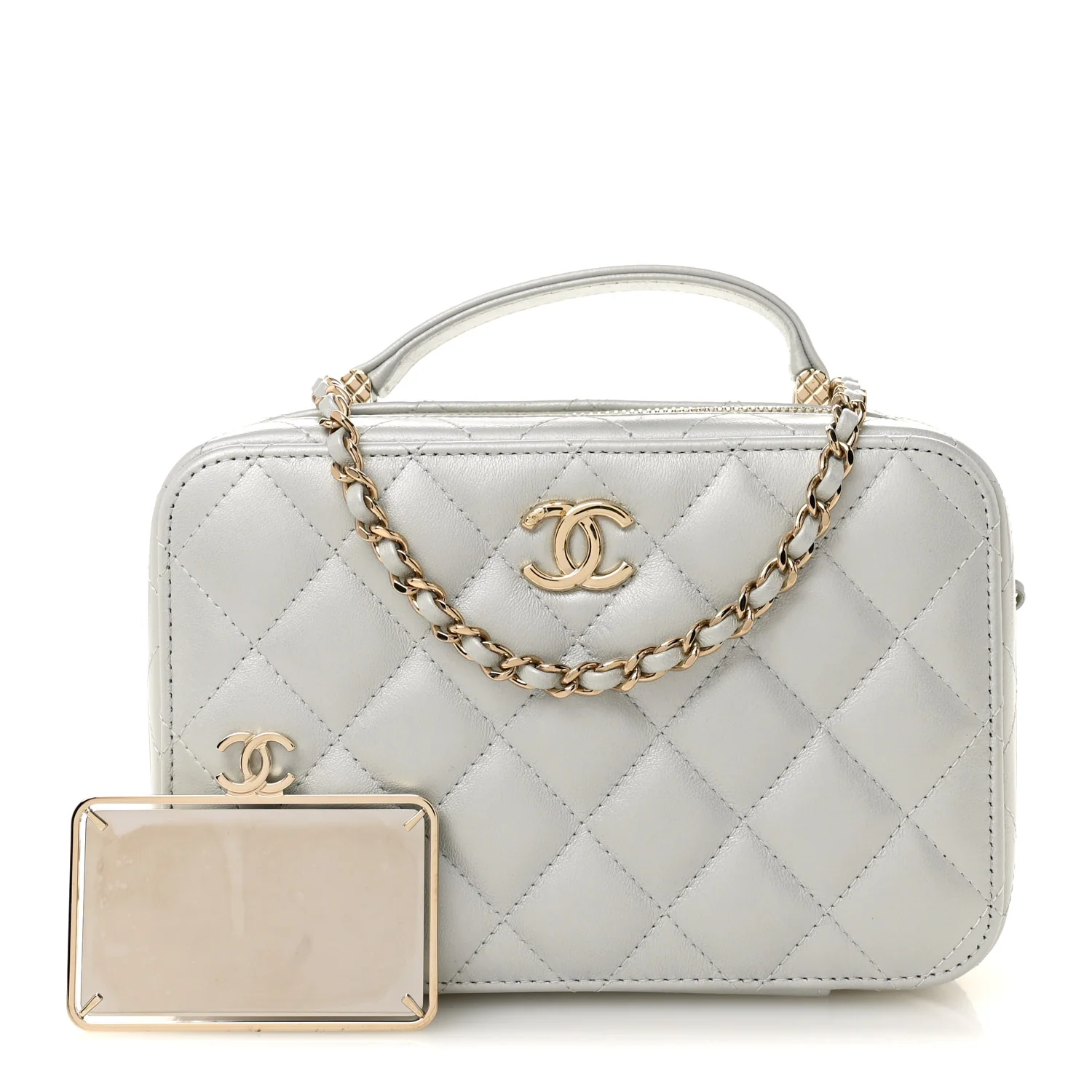 Metallic Lambskin Quilted Top Handle Vanity Case Silver - Image 3