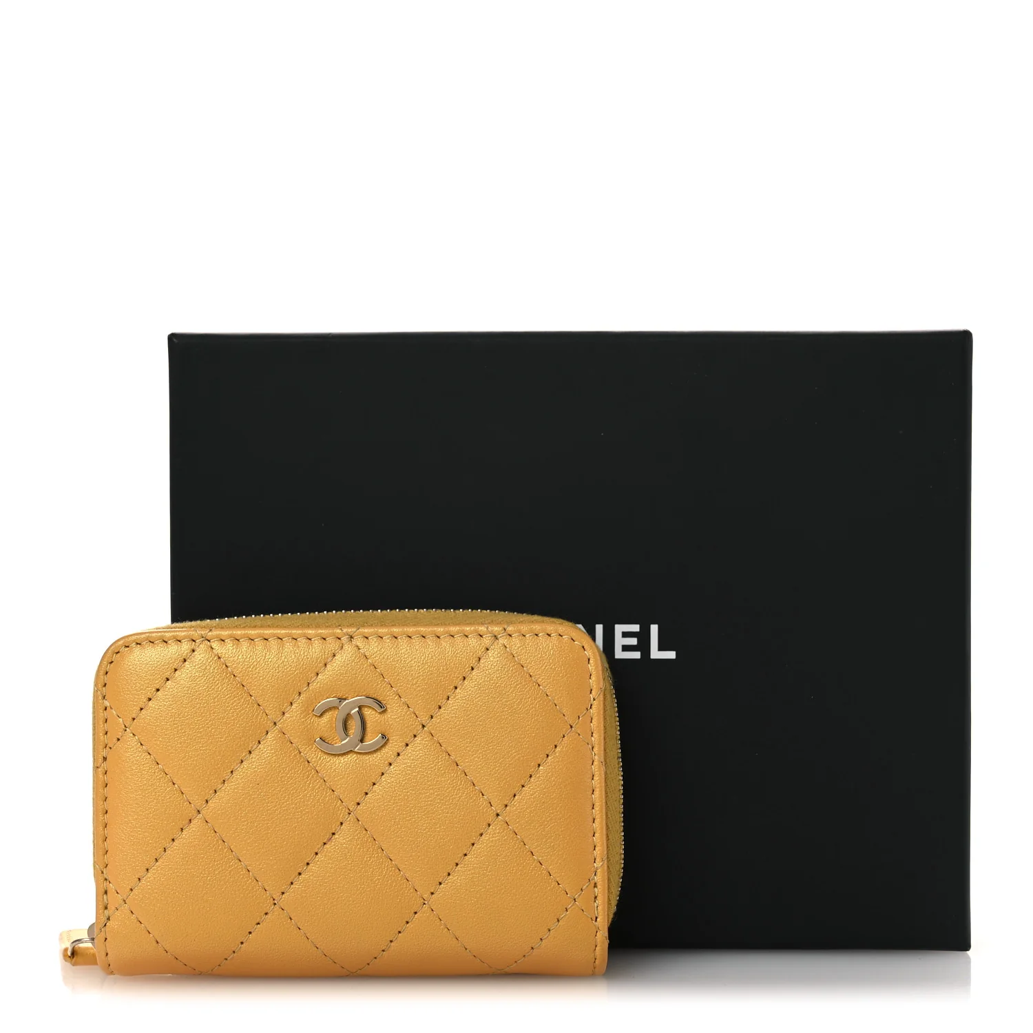 Metallic Lambskin Quilted Zip Around Coin Purse Wallet Yellow - Image 10
