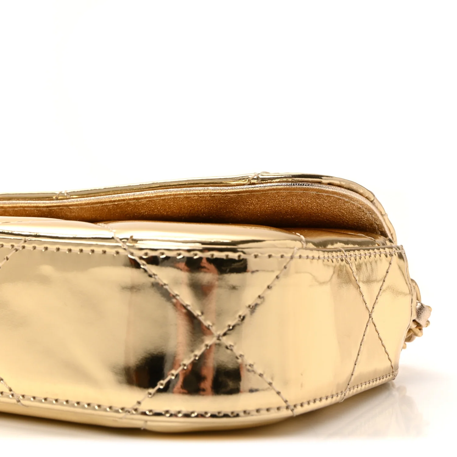 Metallic Mirror Calfskin Large Top Handle Clutch With Chain Gold - Image 10