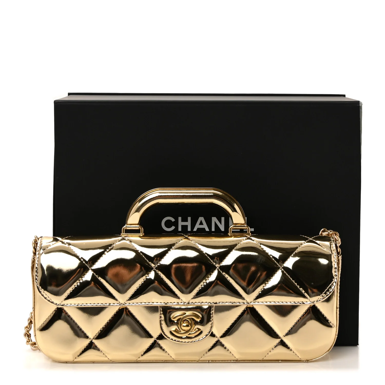 Metallic Mirror Calfskin Large Top Handle Clutch With Chain Gold - Image 11