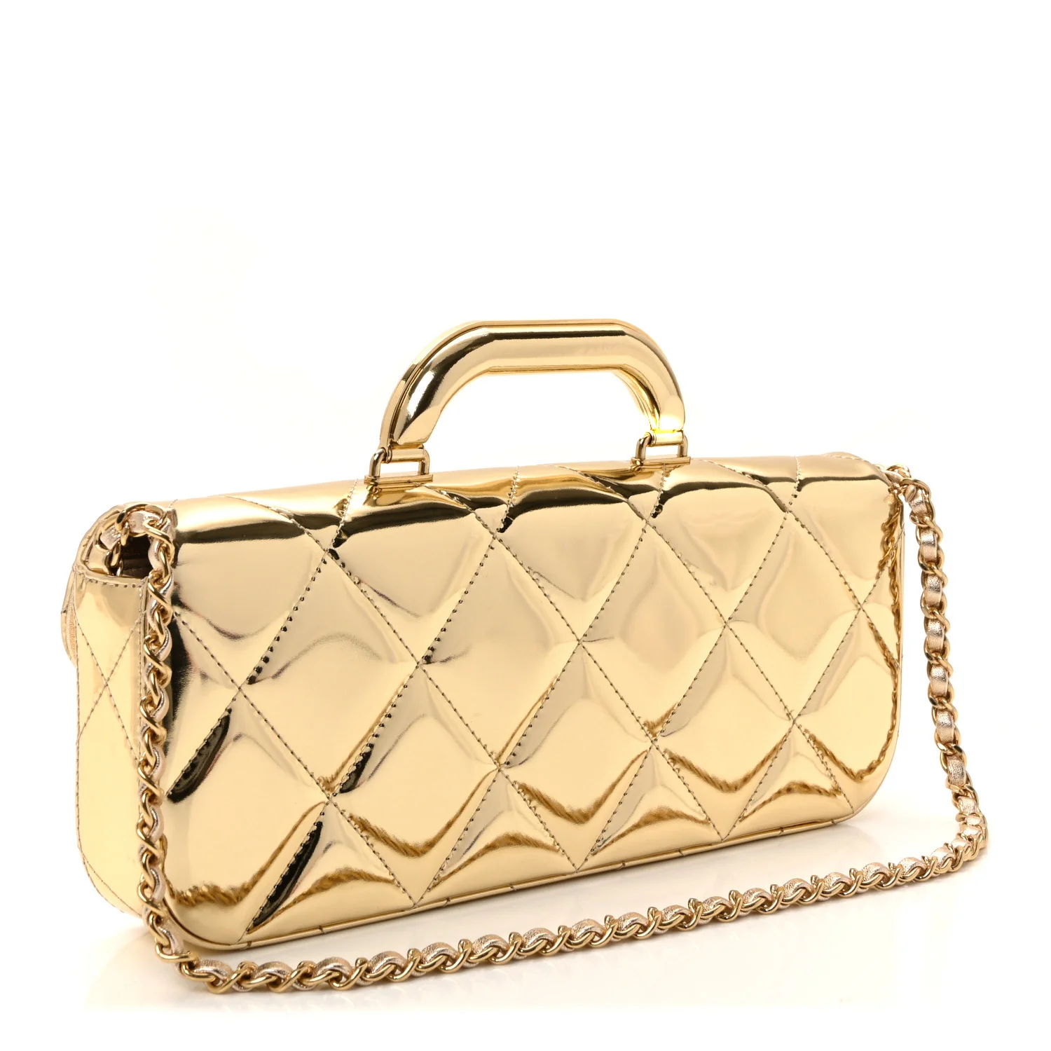 Metallic Mirror Calfskin Large Top Handle Clutch With Chain Gold - Image 3