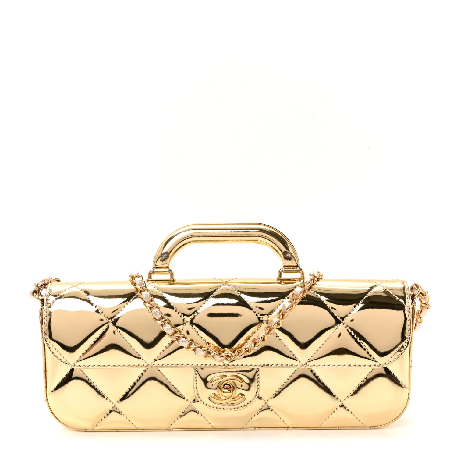 Metallic Mirror Calfskin Large Top Handle Clutch With Chain Light Gold