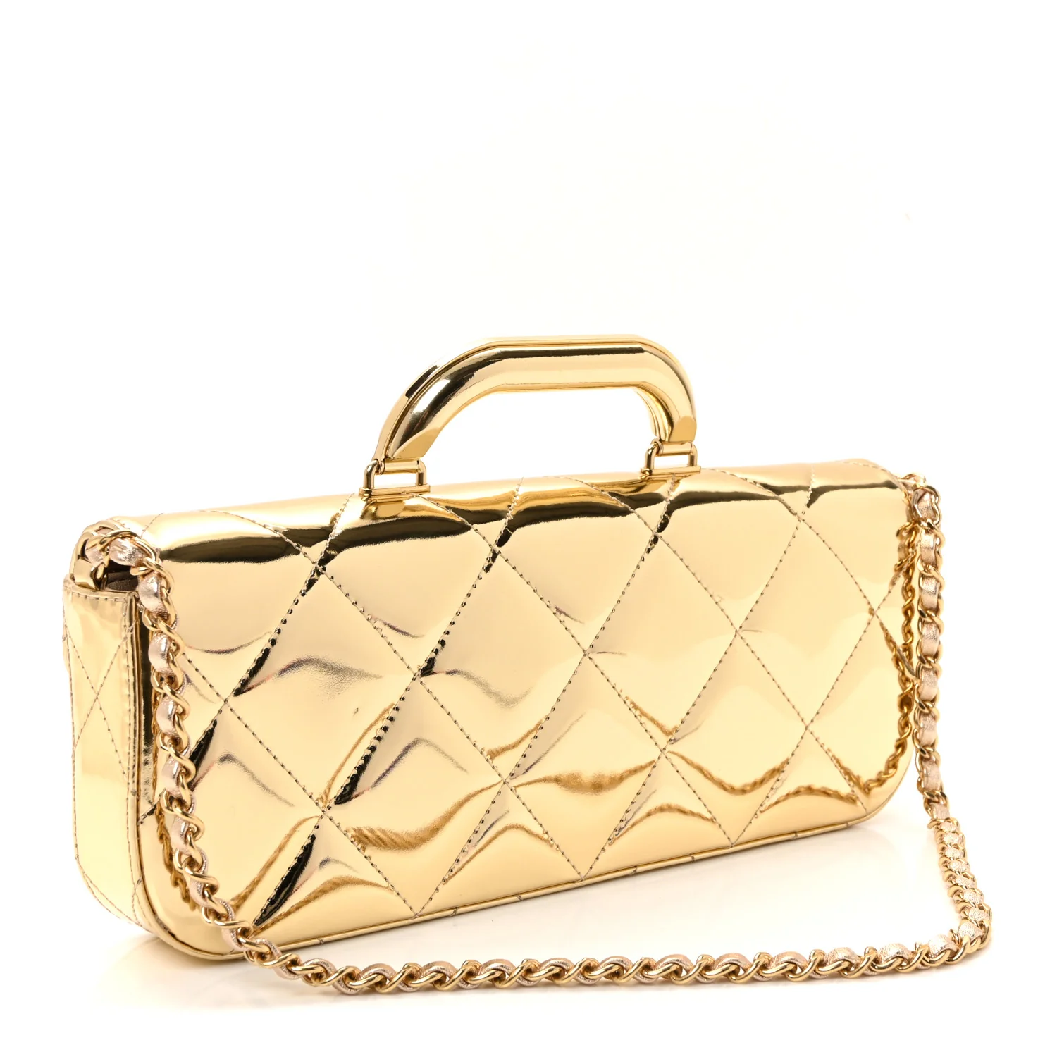Metallic Mirror Calfskin Large Top Handle Clutch With Chain Light Gold - Image 4
