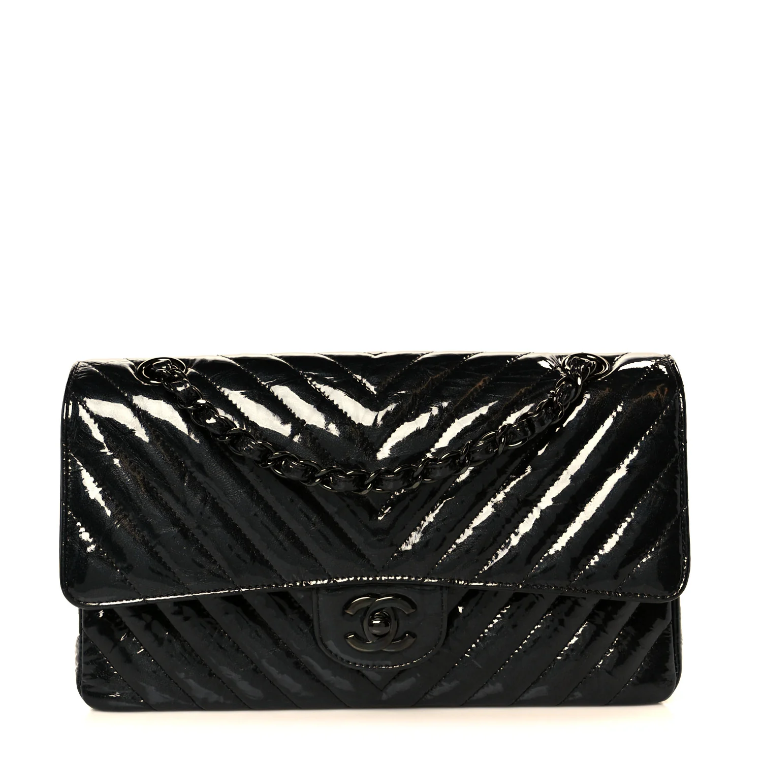 Metallic Patent Crumpled Calfskin Chevron Quilted Medium Double Flap So Black