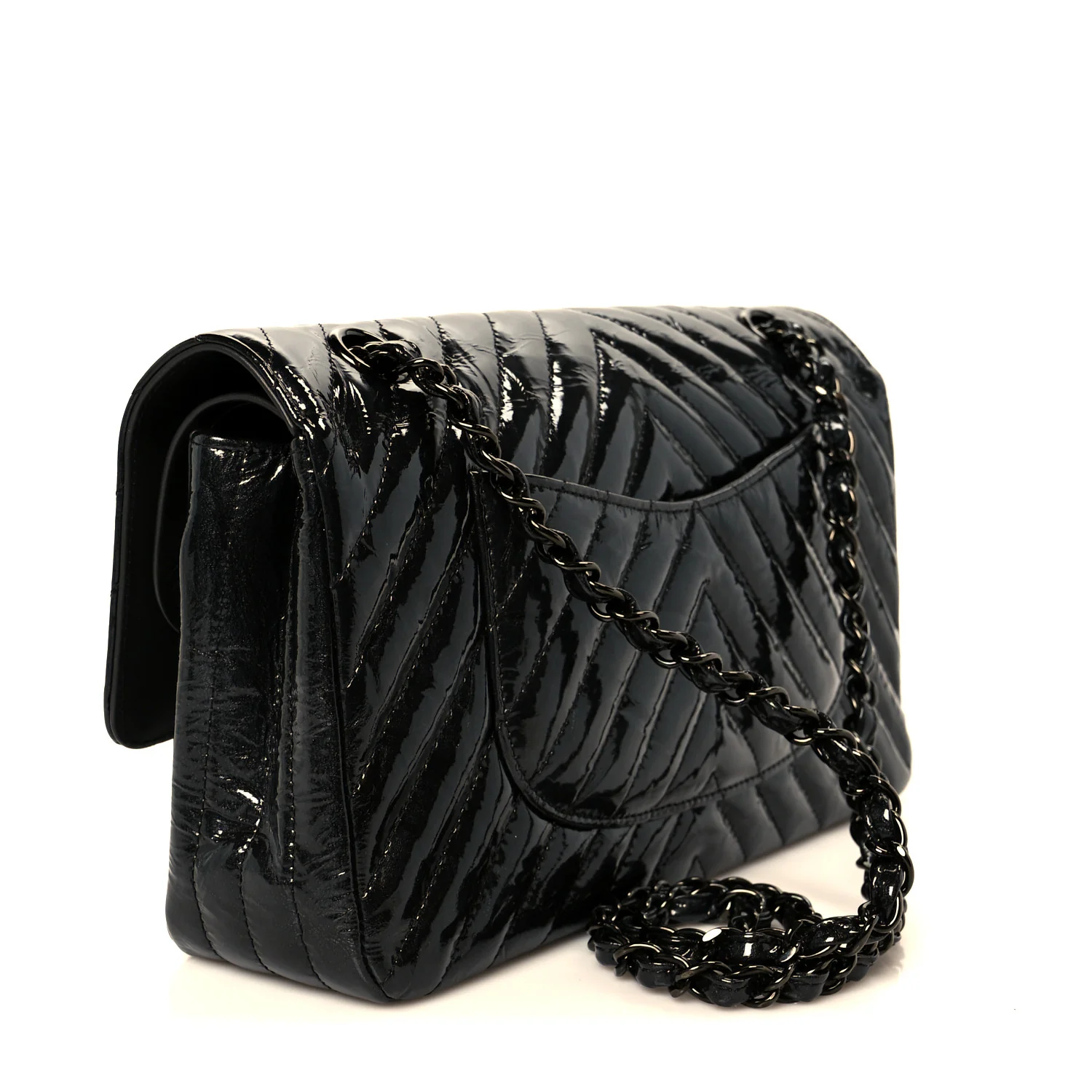 Metallic Patent Crumpled Calfskin Chevron Quilted Medium Double Flap So Black - Image 3