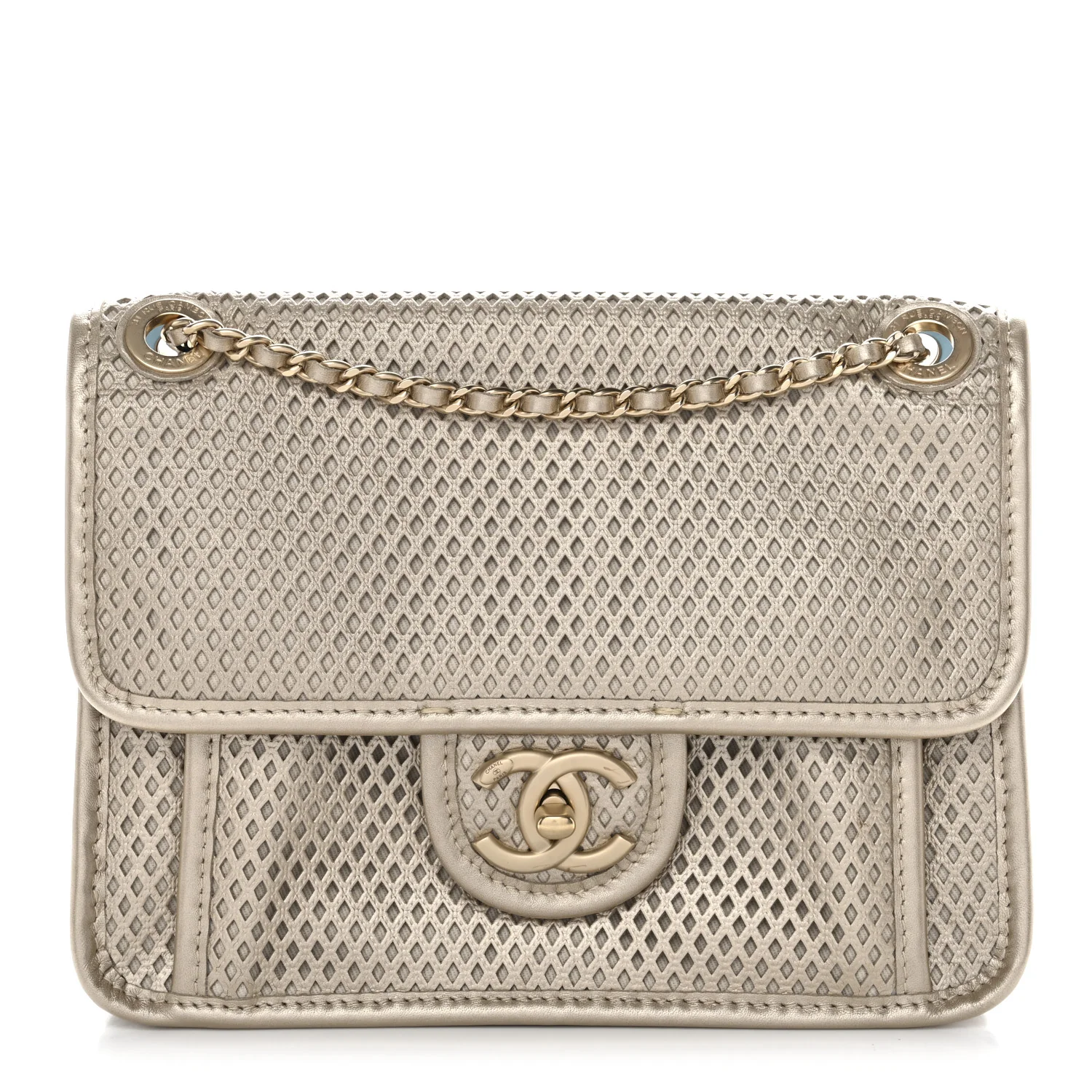 Metallic Perforated Calfskin Small Up In The Air Flap Light Gold