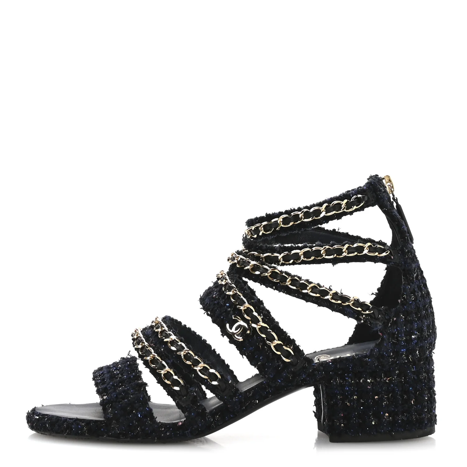 Metallic Tweed Gladiator Chain Sandals 39 Navy Bronze - Image 2