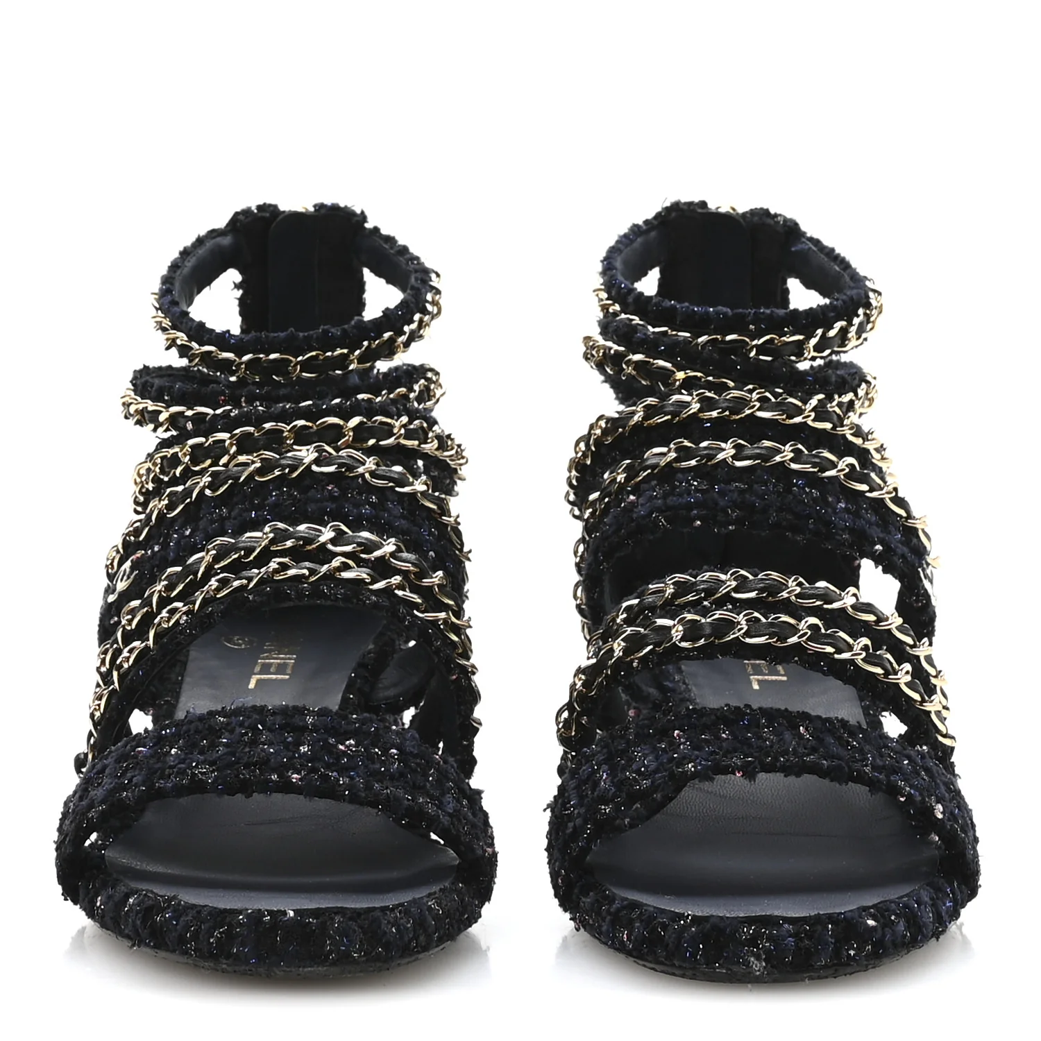 Metallic Tweed Gladiator Chain Sandals 39 Navy Bronze - Image 6