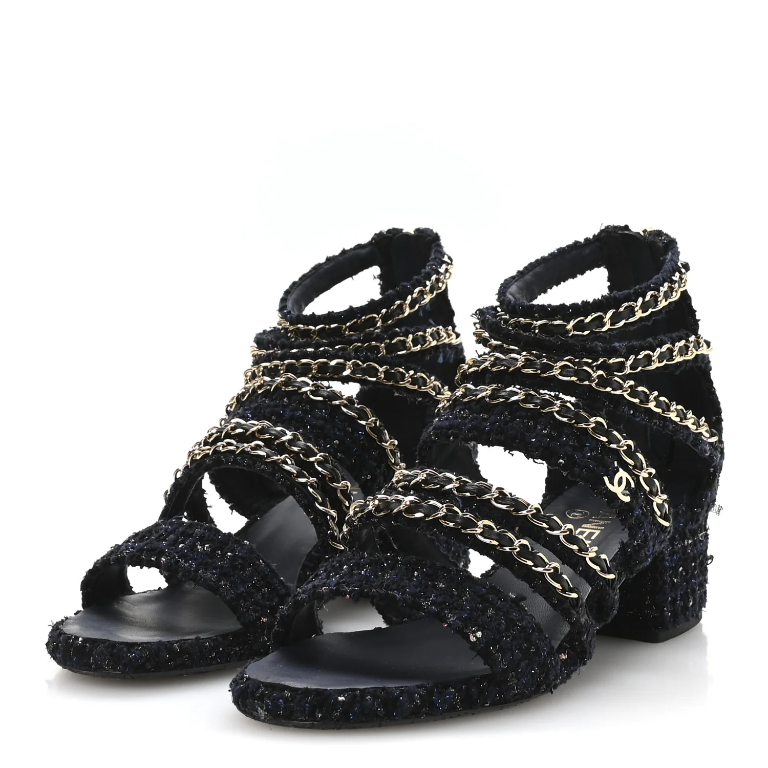Metallic Tweed Gladiator Chain Sandals 39 Navy Bronze - Image 7