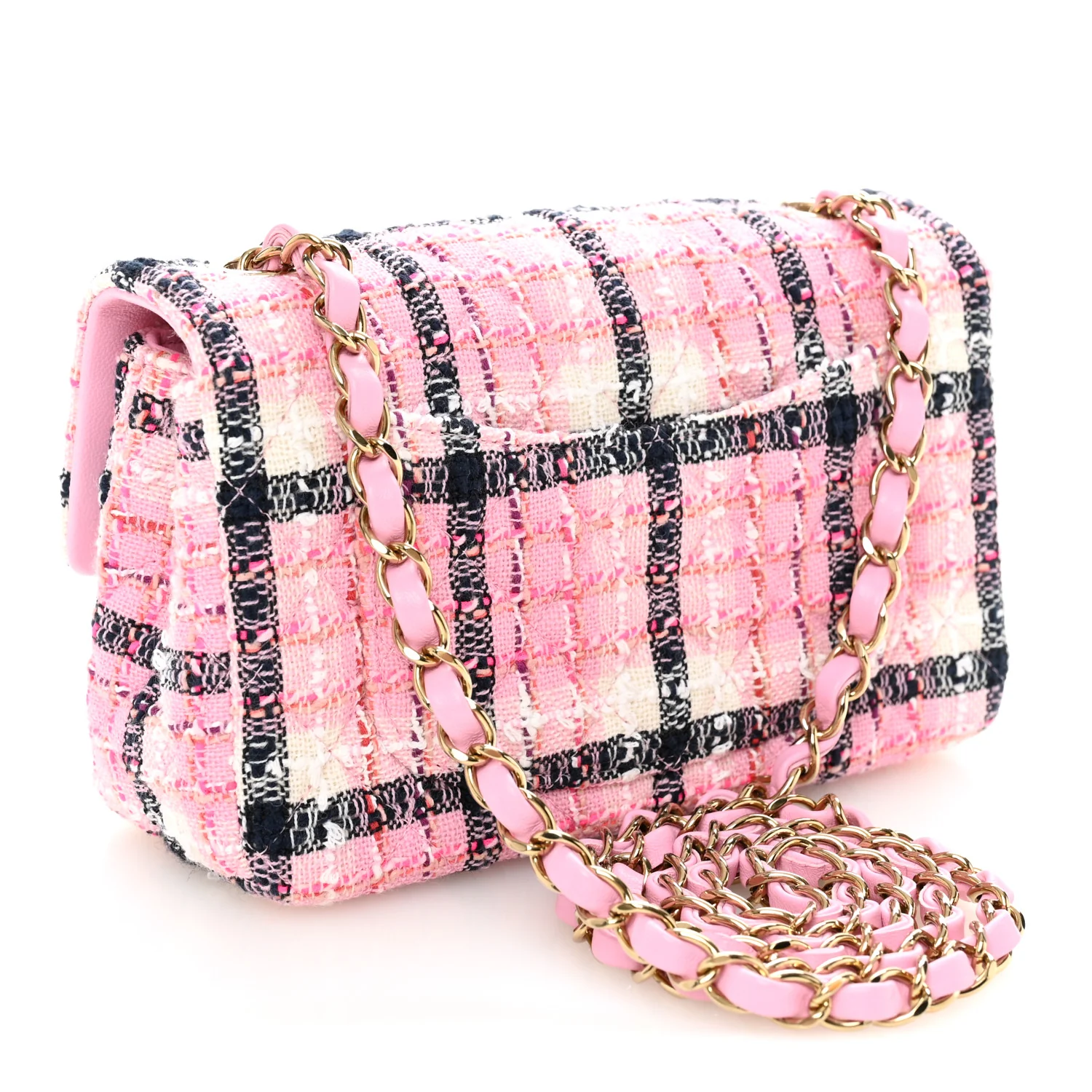 Metallic Tweed Quilted Mini Rectangular Flap Pink Navy White - Image 3