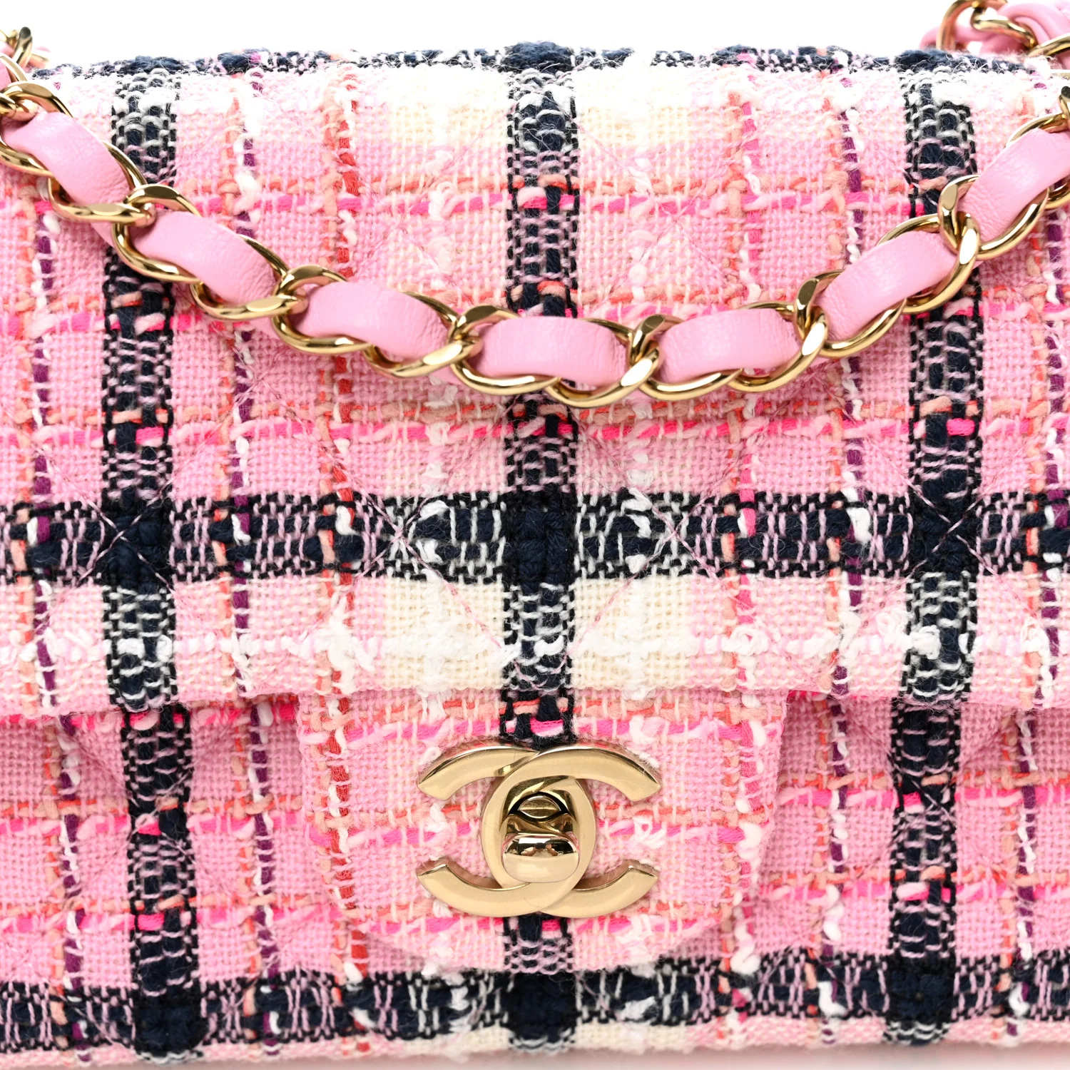 Metallic Tweed Quilted Mini Rectangular Flap Pink Navy White - Image 8