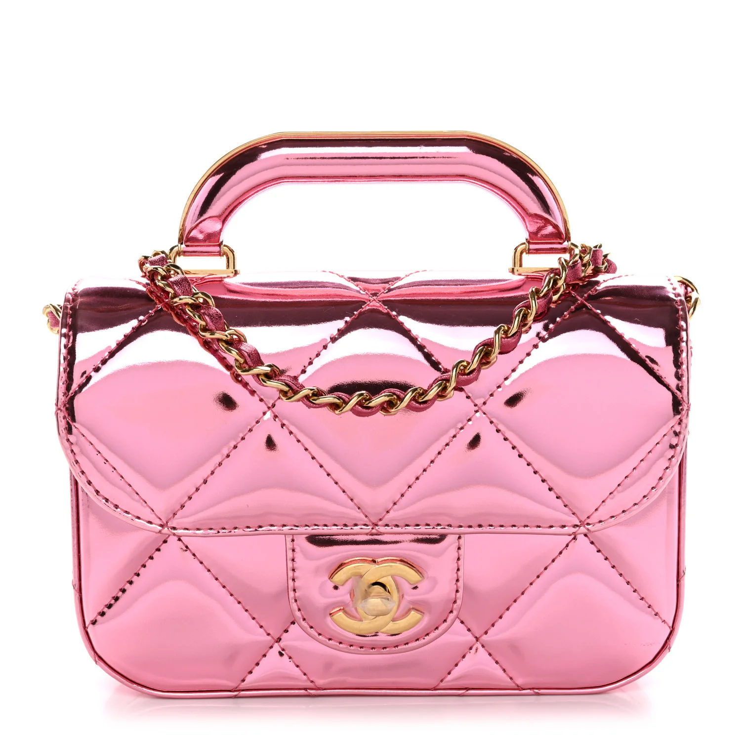 Mirror Metallic Calfskin Quilted Mini Top Handle Flap Pink