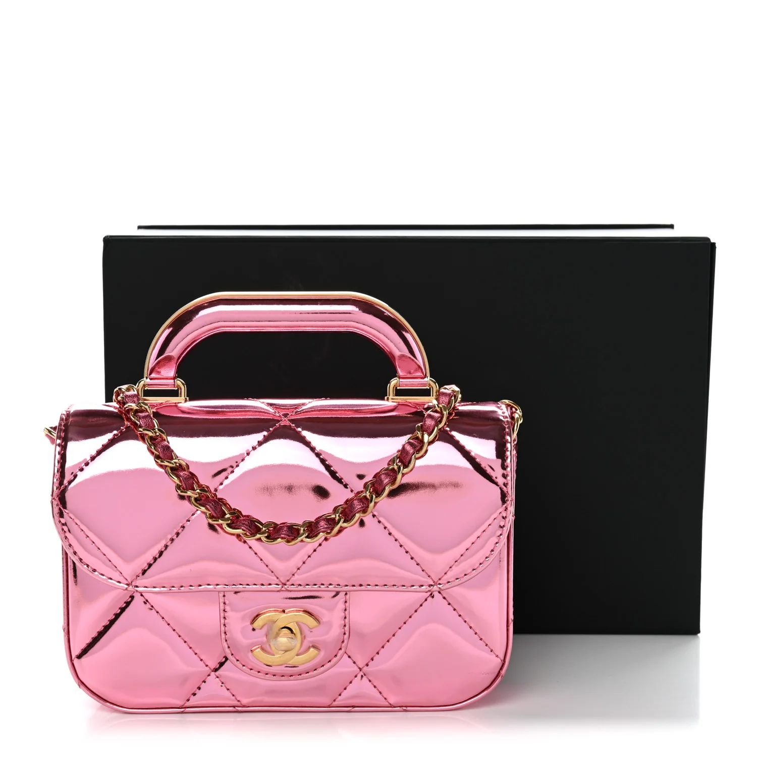 Mirror Metallic Calfskin Quilted Mini Top Handle Flap Pink - Image 11