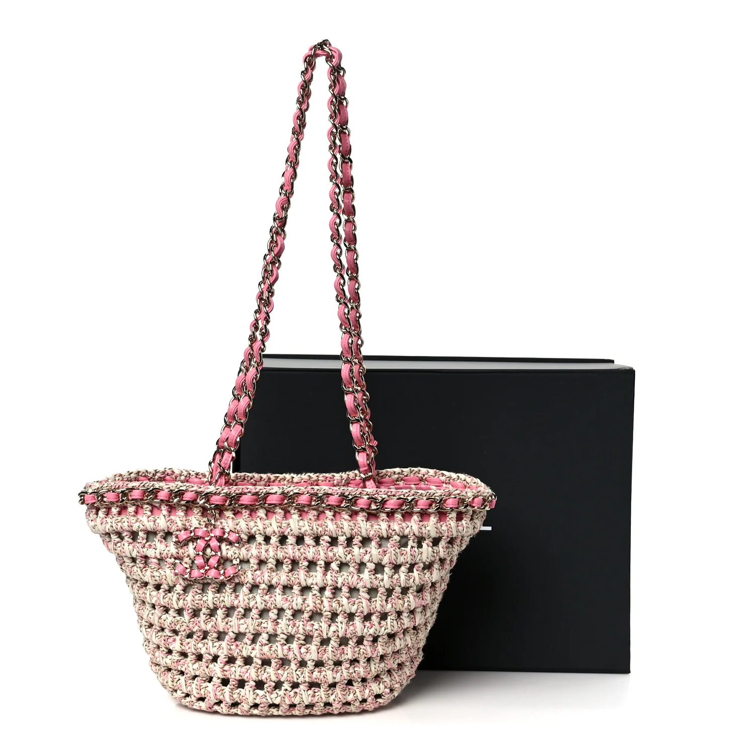 Mixed Fibers Calfskin Crochet Small Shopping Bag Beige Pink - Image 11