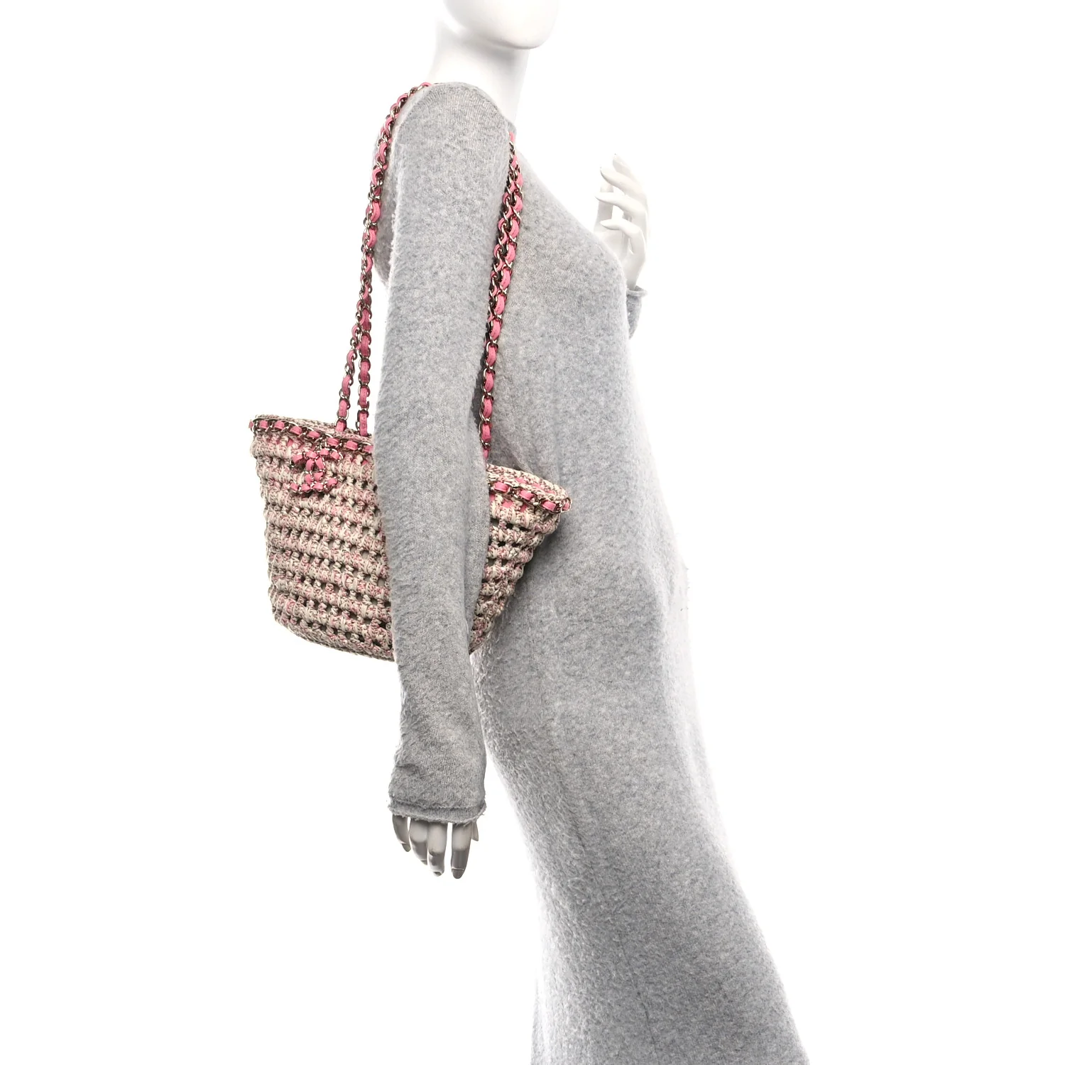 Mixed Fibers Calfskin Crochet Small Shopping Bag Beige Pink - Image 2
