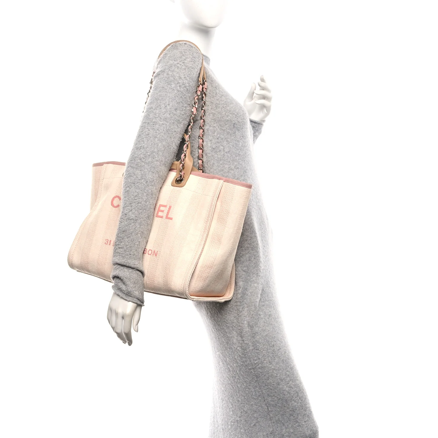 Mixed Fibers Calfskin Striped Medium Deauville Tote Light Pink - Image 2