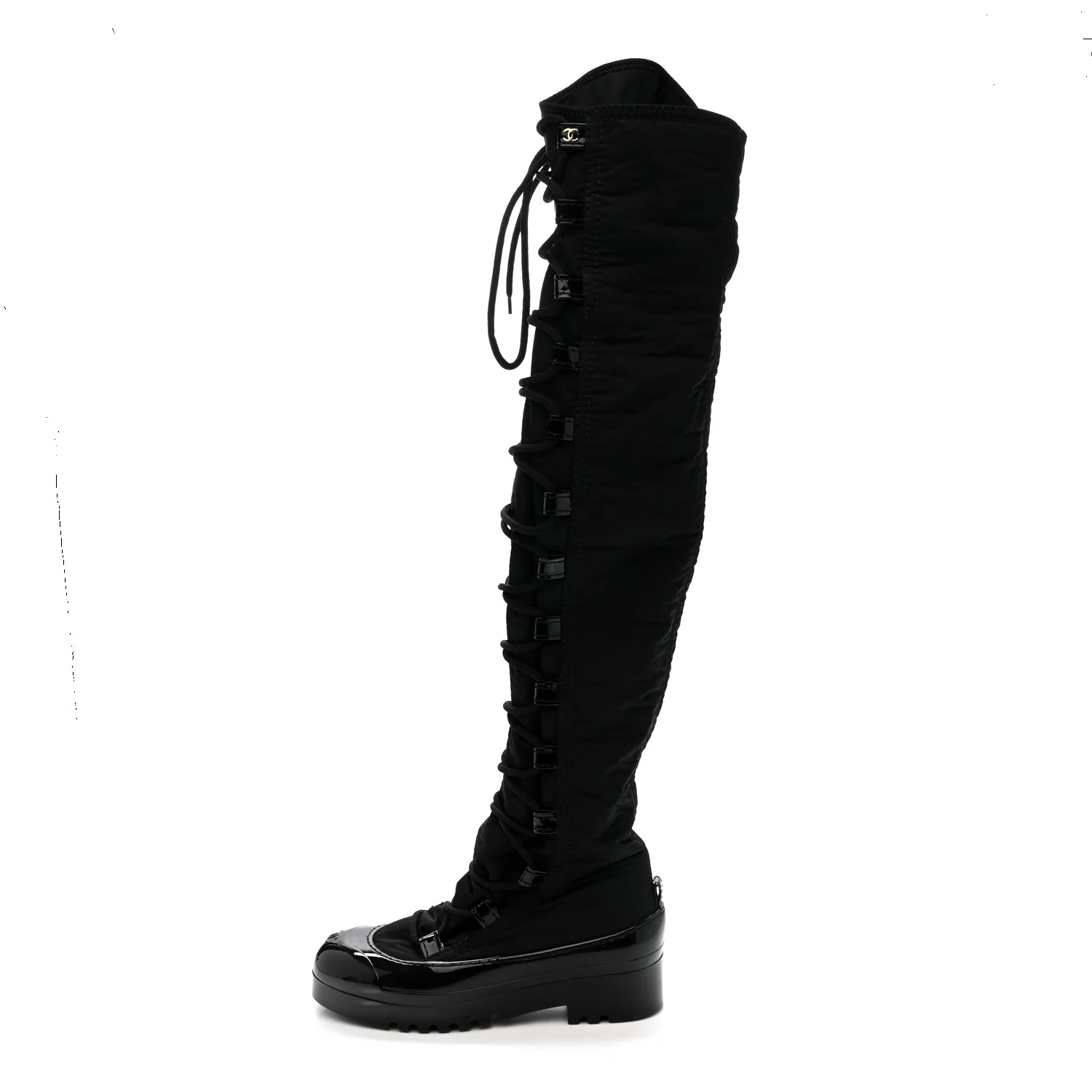 Nylon Rubber CC Lace Up Thigh High Boots 40 Black
