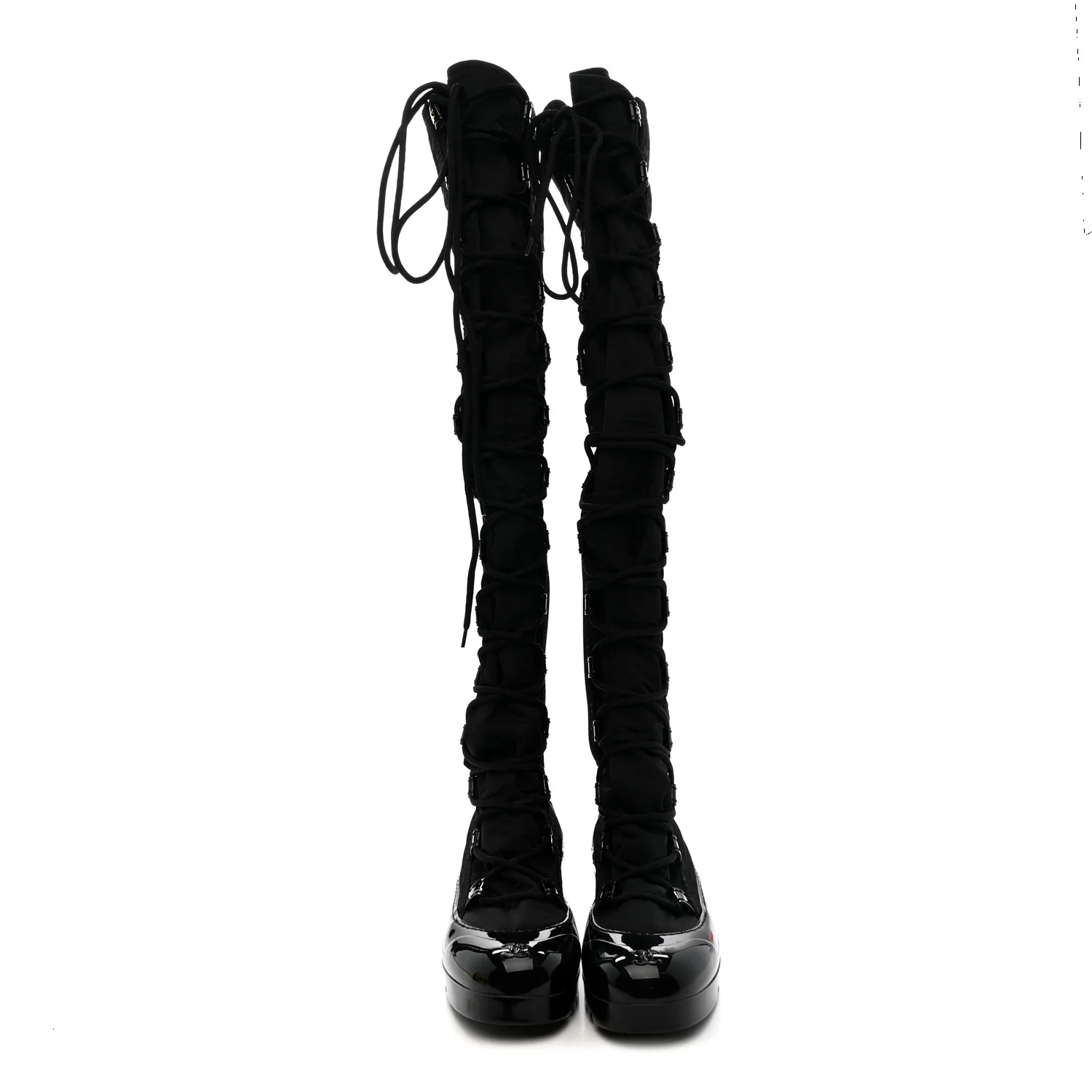 Nylon Rubber CC Lace Up Thigh High Boots 40 Black - Image 2