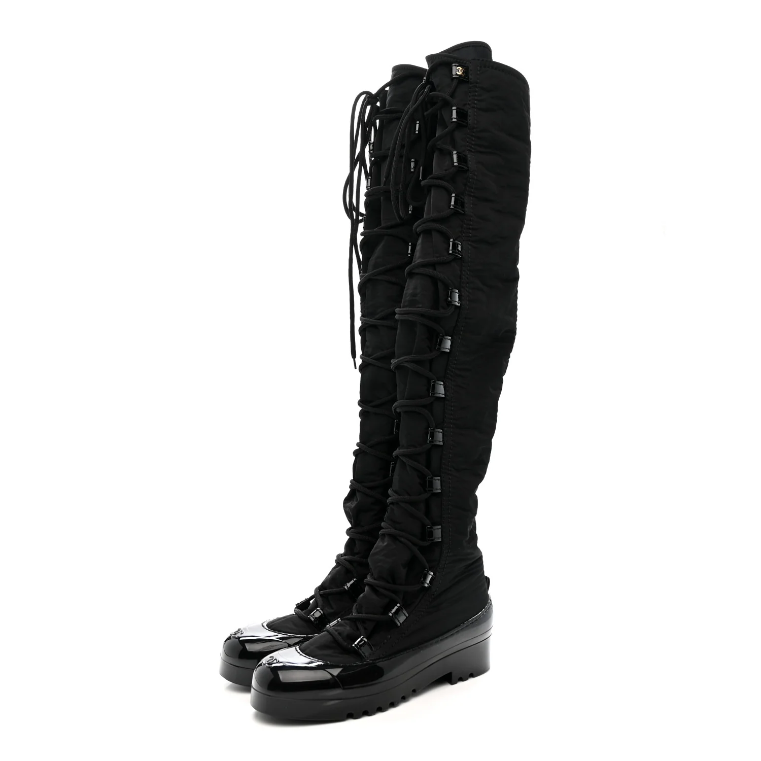 Nylon Rubber CC Lace Up Thigh High Boots 40 Black - Image 3