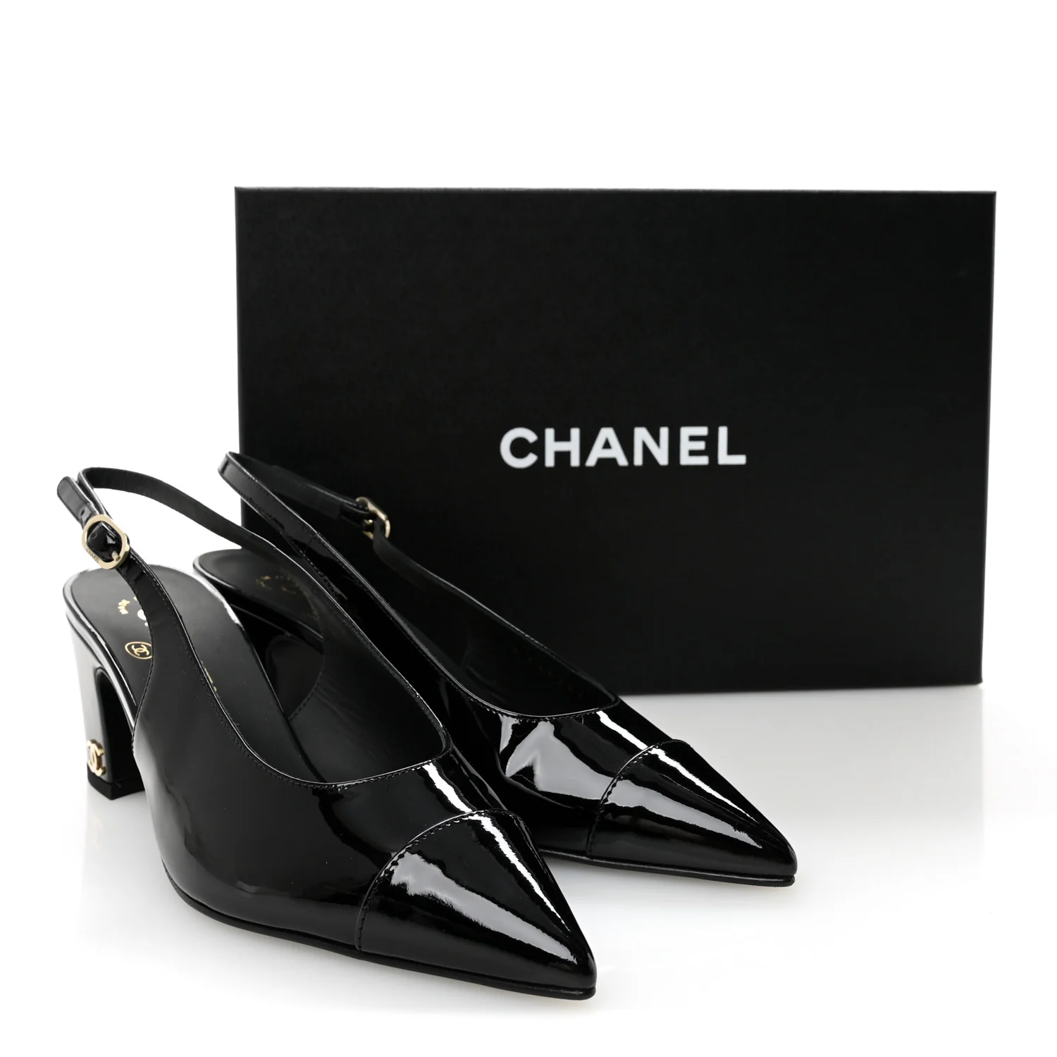 Patent Calfskin Cap Toe CC Slingback Pumps 36.5 Black - Image 10
