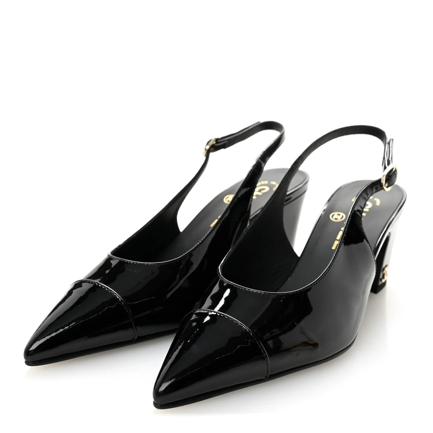 Patent Calfskin Cap Toe CC Slingback Pumps 36.5 Black - Image 4