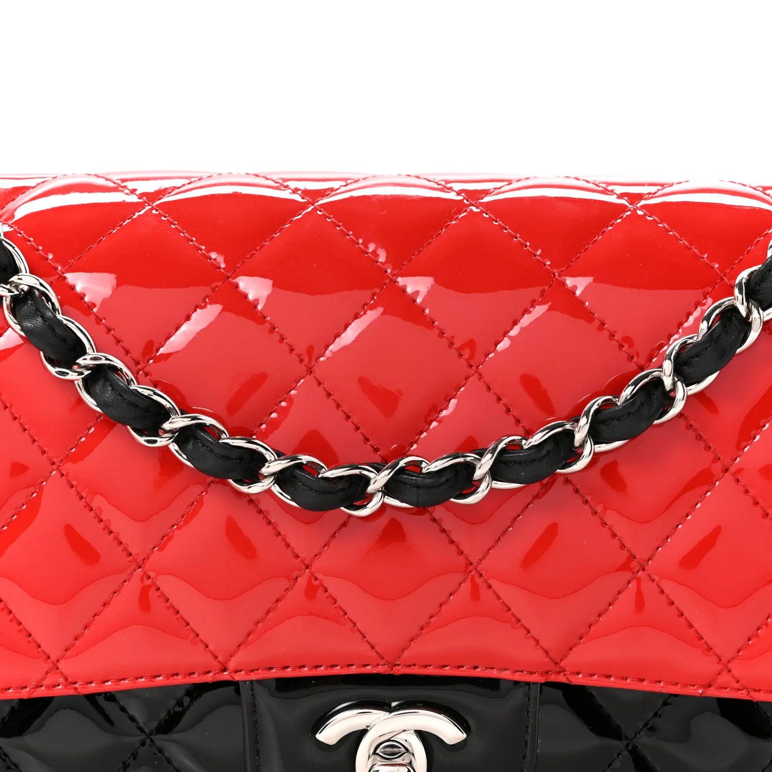Patent Calfskin Quilted Bi-Color Medium Double Flap Black Red - Image 8