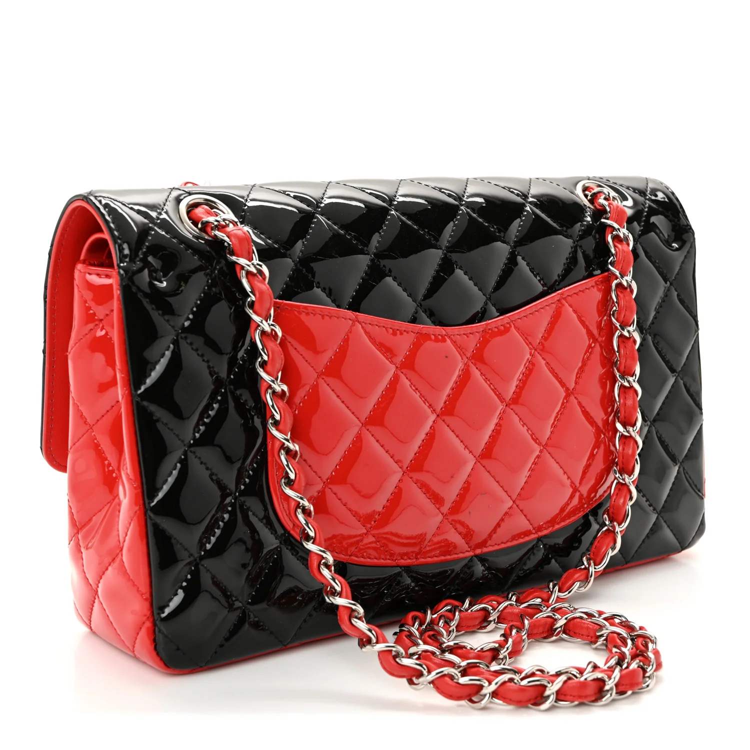 Patent Calfskin Quilted Bi-Color Medium Double Flap Black Red - Image 3