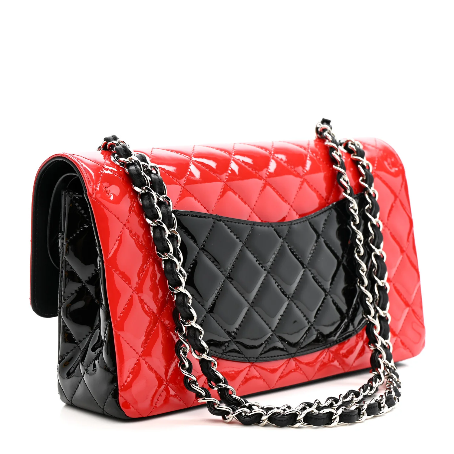 Patent Calfskin Quilted Bi-Color Medium Double Flap Black Red - Image 3