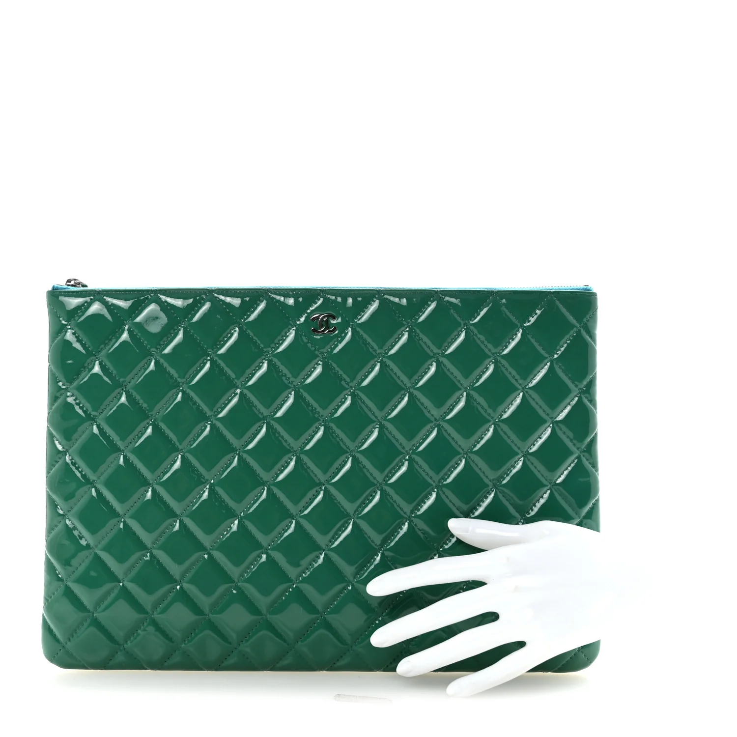 Patent Calfskin Quilted Large Cosmetic Case Blue - Image 3