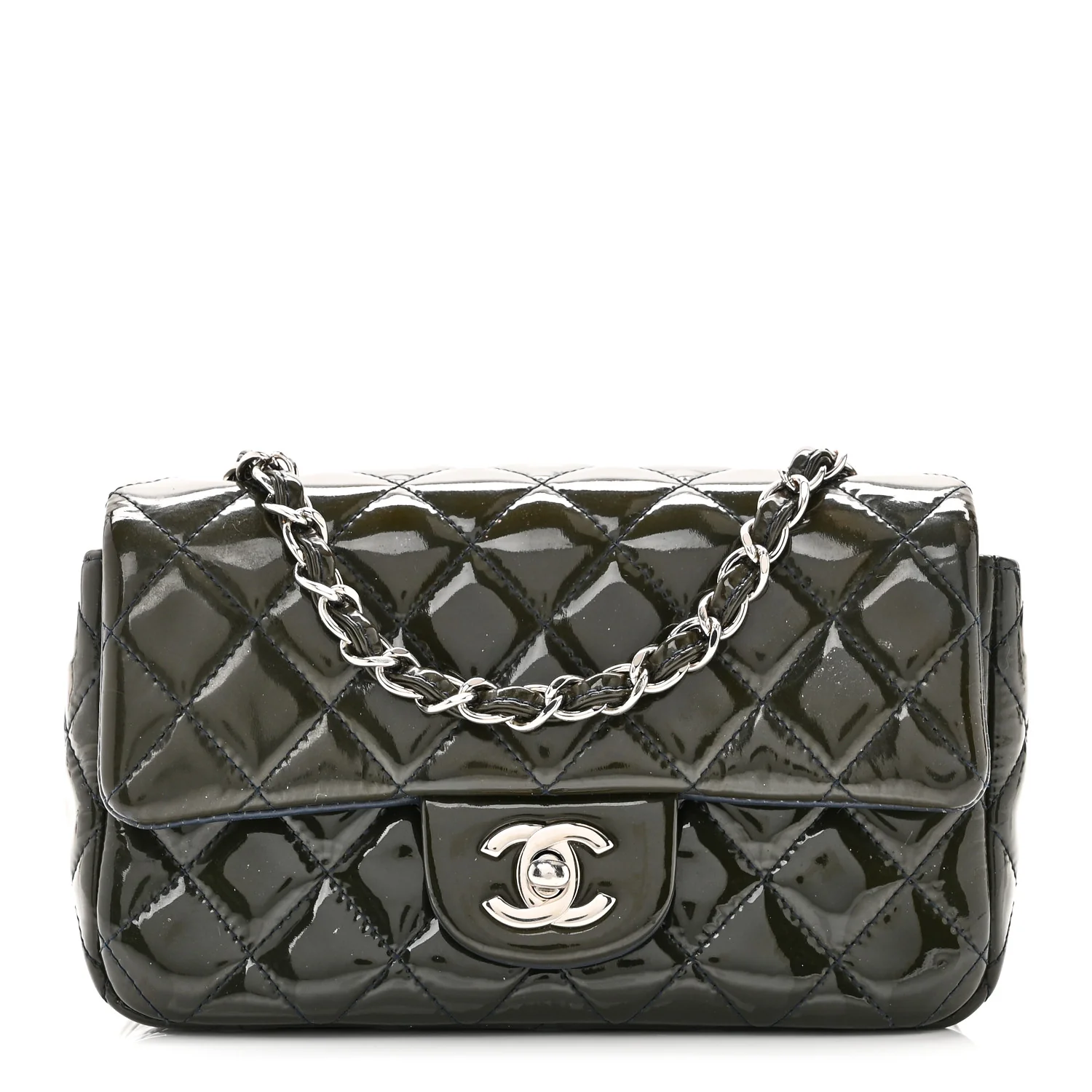 Patent Calfskin Quilted Mini Rectangular Flap Navy Blue