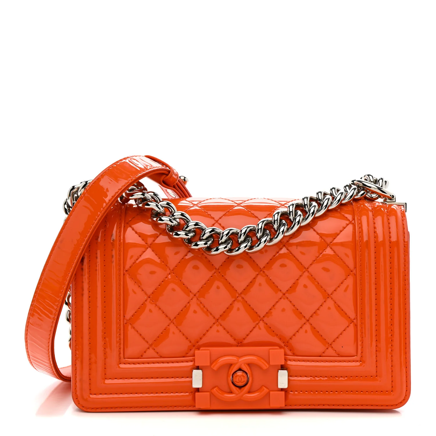 Patent Calfskin Quilted Small Plexiglass Boy Flap Orange