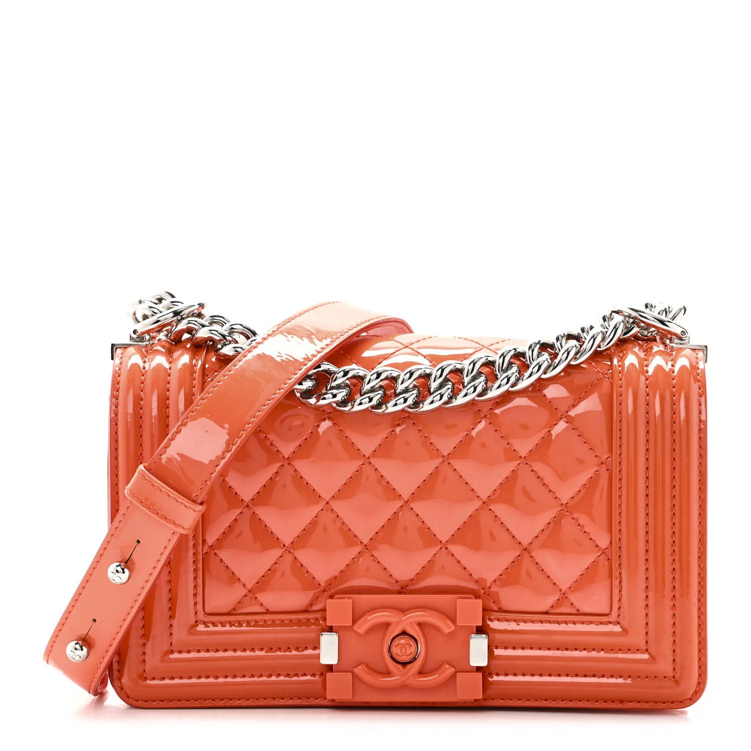 Patent Calfskin Quilted Small Plexiglass Boy Flap Orange