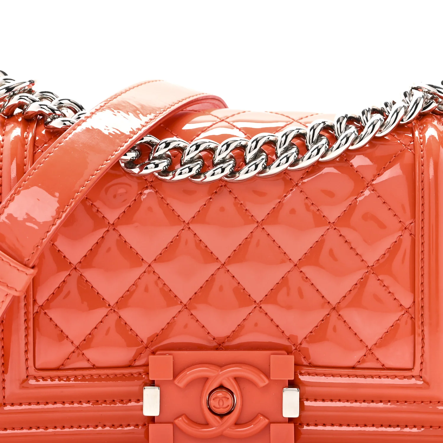 Patent Calfskin Quilted Small Plexiglass Boy Flap Orange - Image 8