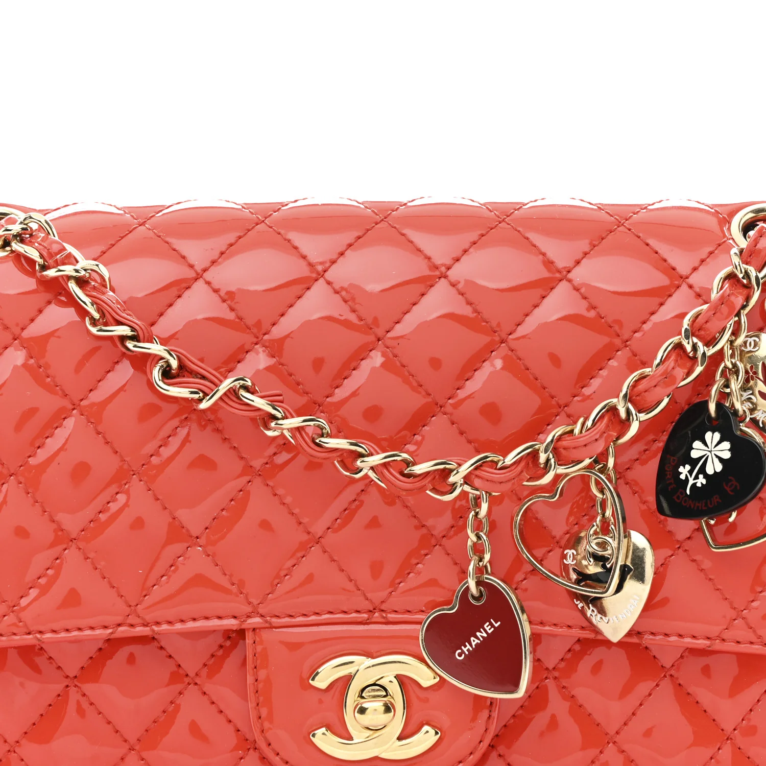 Patent Calfskin Quilted Valentine Charms Medium Single Flap Red - Image 8