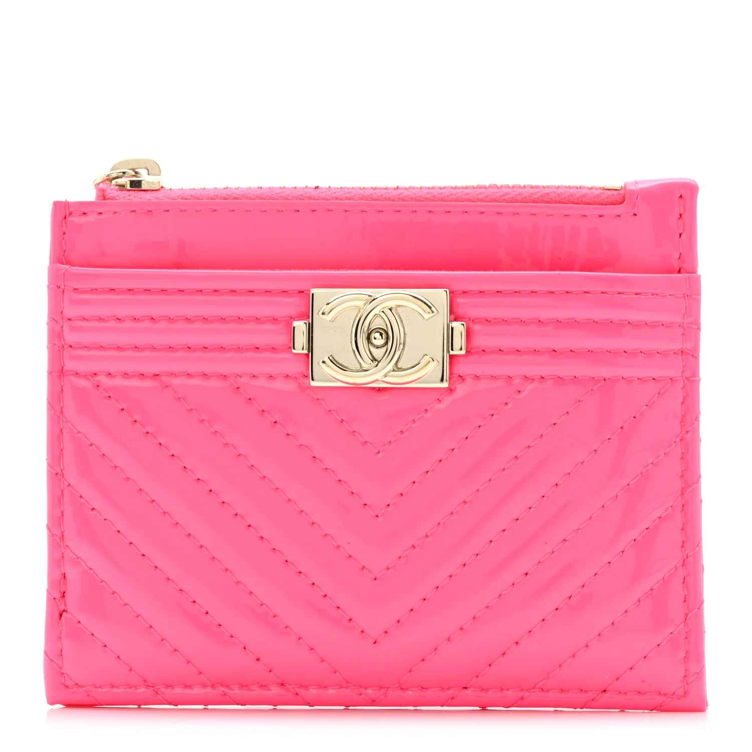 Patent Chevron Quilted Boy Zip Card Holder Neon Pink