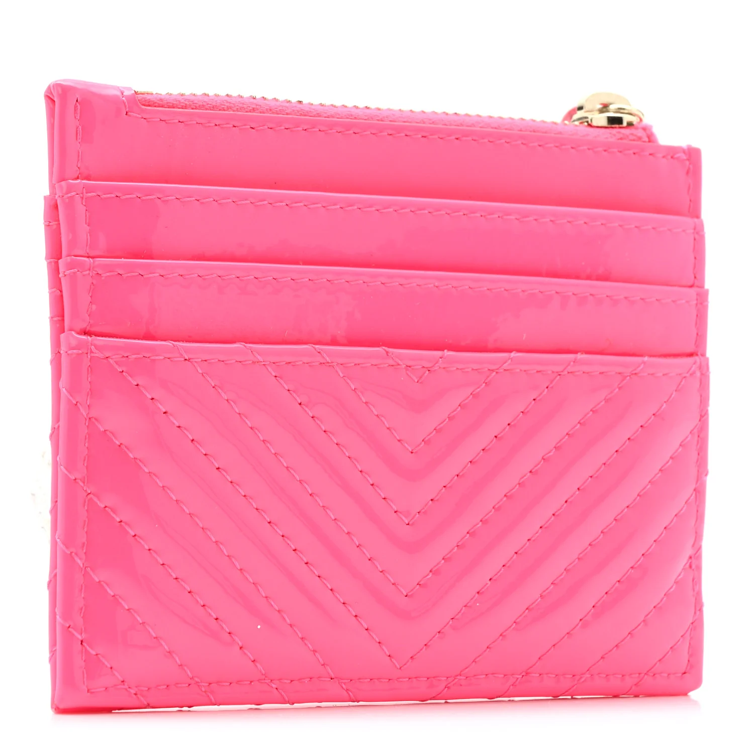 Patent Chevron Quilted Boy Zip Card Holder Neon Pink - Image 3