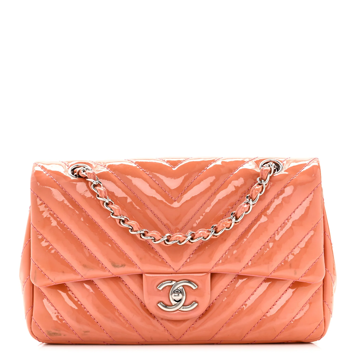 Patent Chevron Quilted Medium Single Flap Pink - Image 8