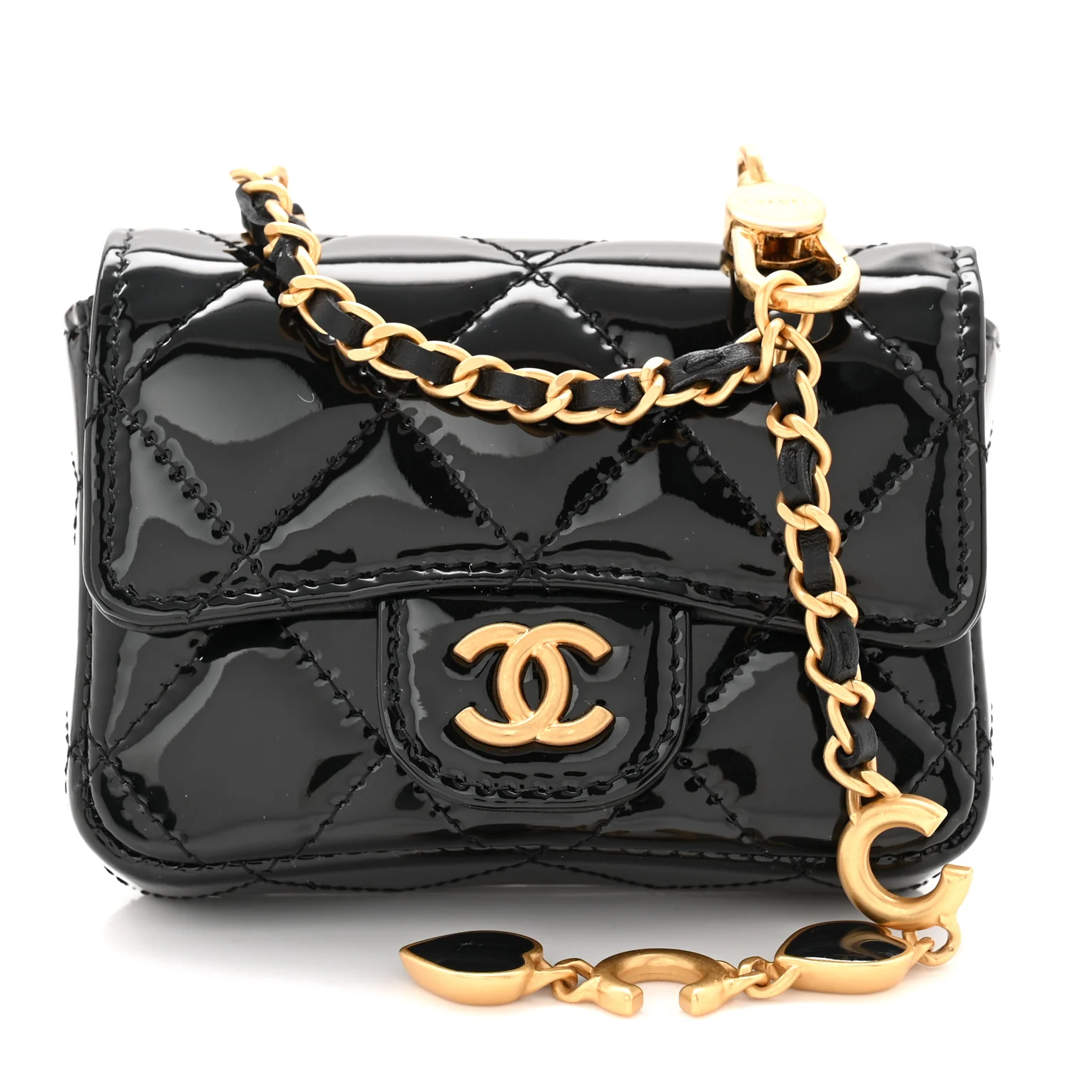 Patent Enamel Quilted Coco Hearts Clutch With Chain Black - Image 9