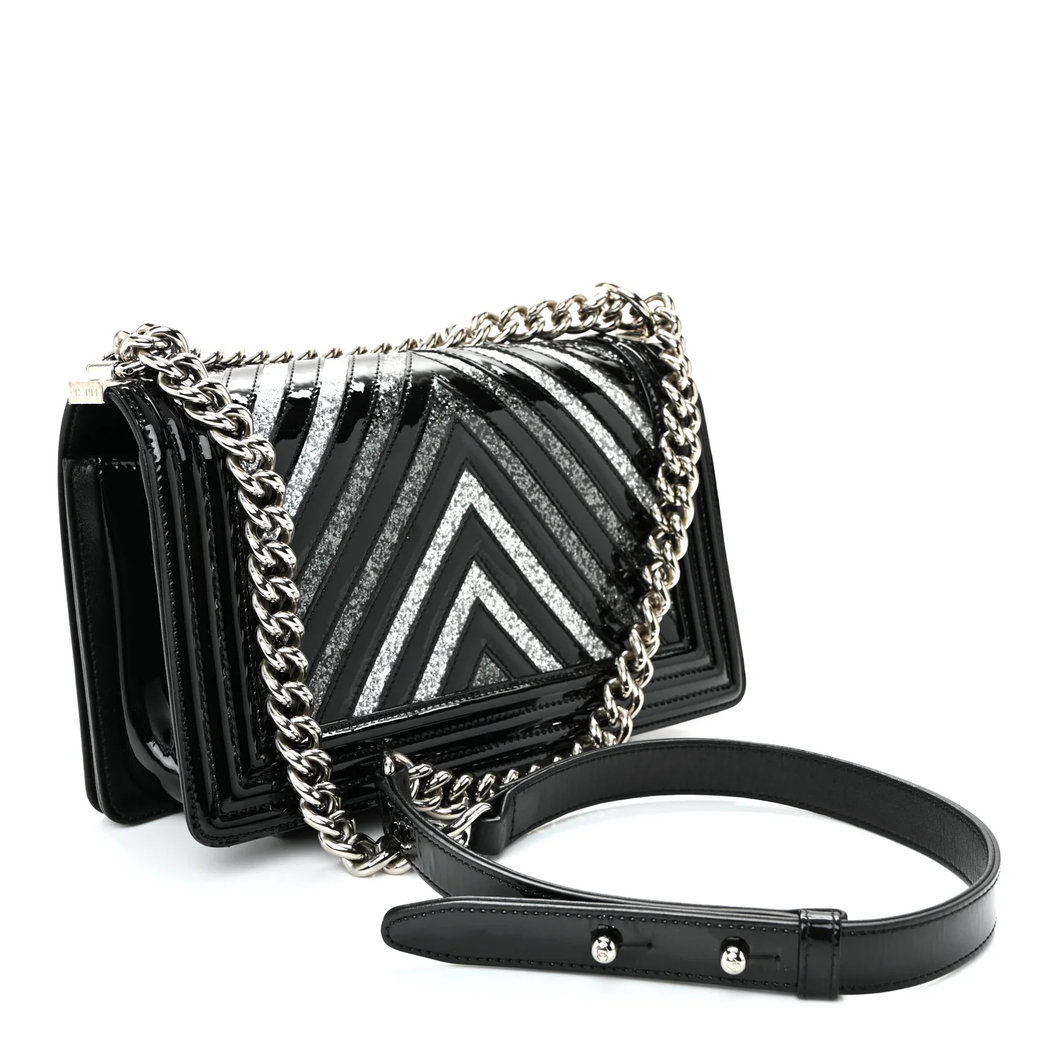 Patent Glitter PVC Chevron Quilted Medium Boy Flap Black Silver - Image 3