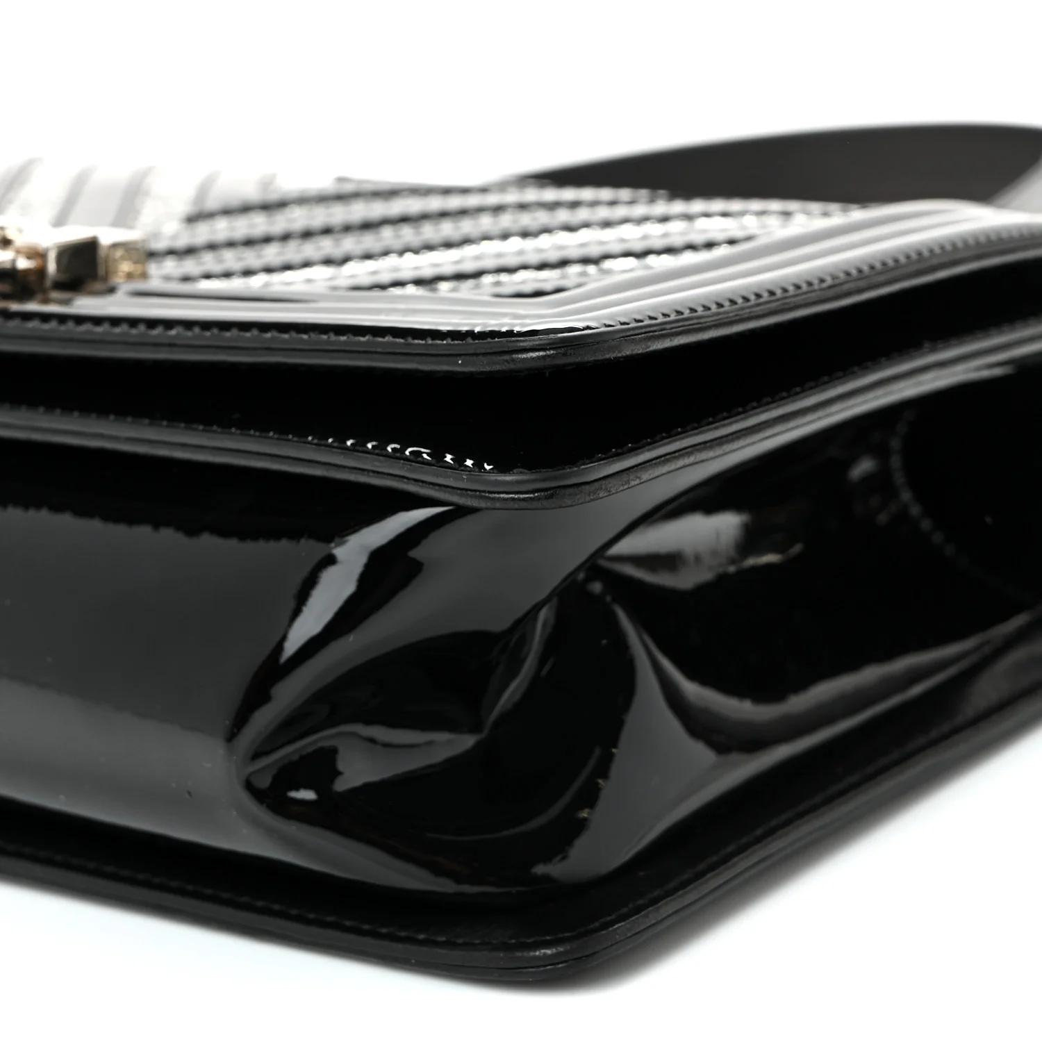 Patent Glitter PVC Chevron Quilted Medium Boy Flap Black Silver - Image 9