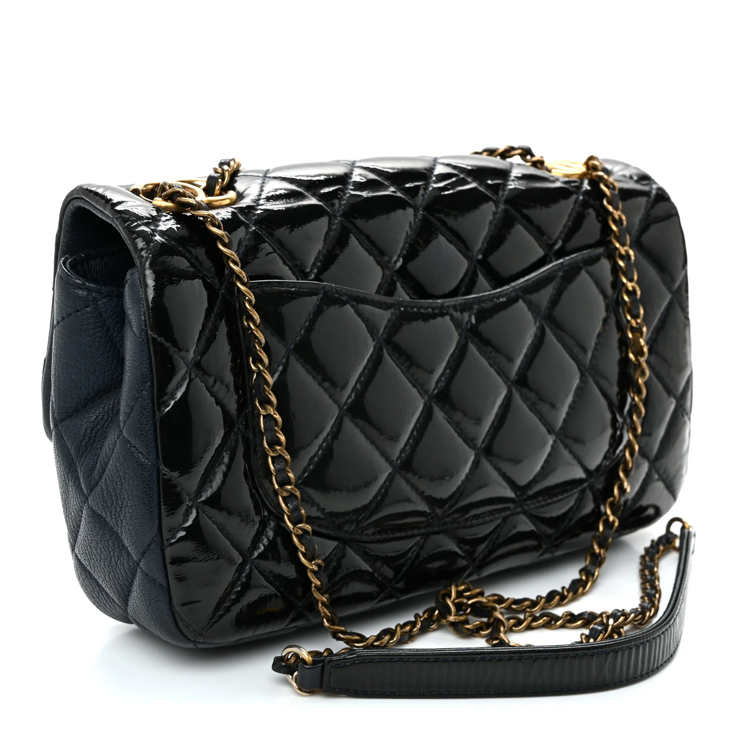Patent Goatskin Quilted Medium CC Eyelet Flap Blue - Image 3
