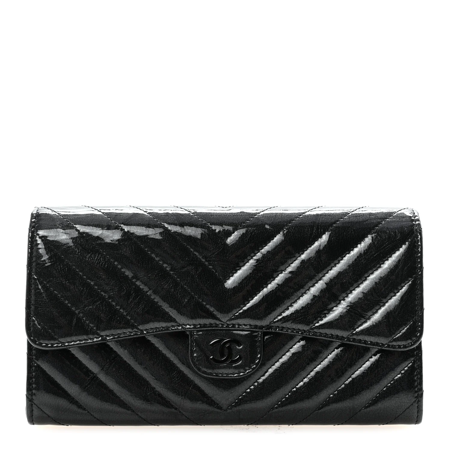 Patent Metallic Crumpled Calfskin Chevron Quilted Large Gusset Flap Wallet So Black