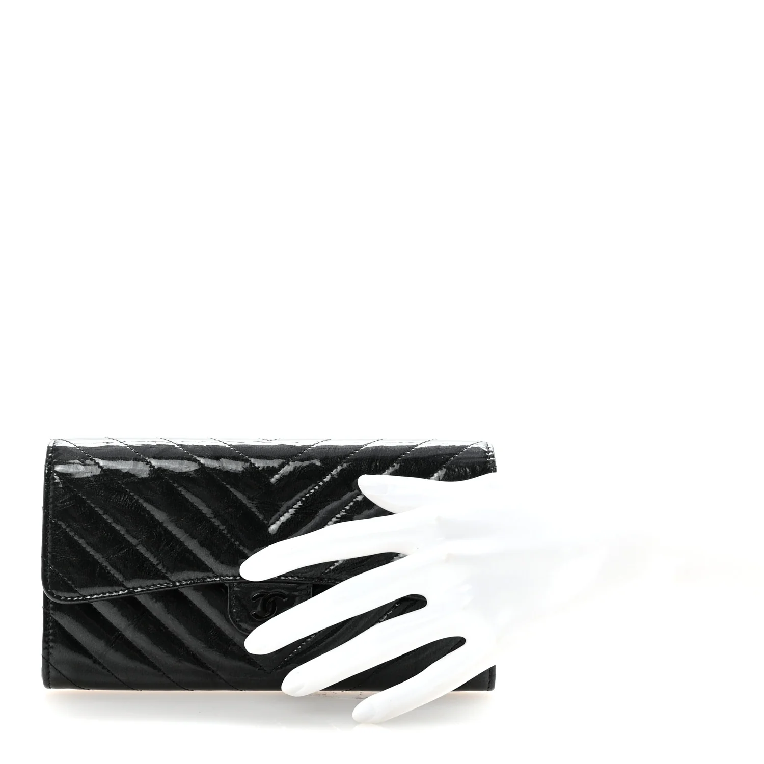Patent Metallic Crumpled Calfskin Chevron Quilted Large Gusset Flap Wallet So Black - Image 2